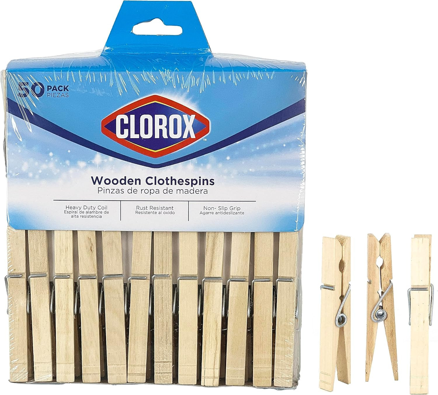 Clorox Wood Clothespins with Spring – Value Pack Set of 50 | Rust Resistant, Hea
