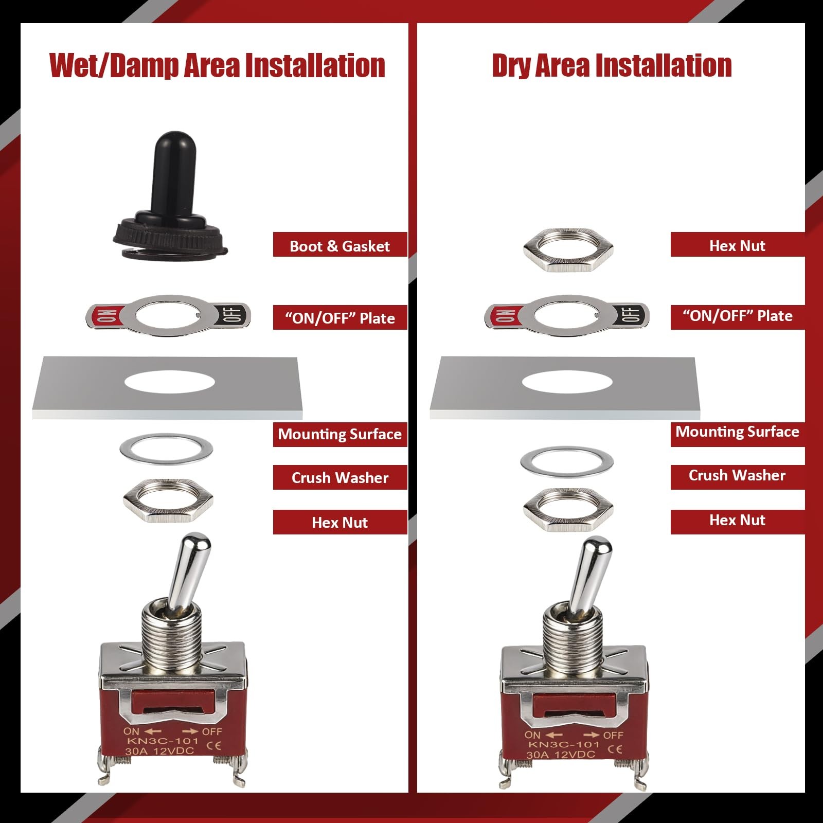 3-Pack Toggle Switch, 12V 30A Heavyduty On/Off 2Pin SPST Waterproof Toggle Swit
