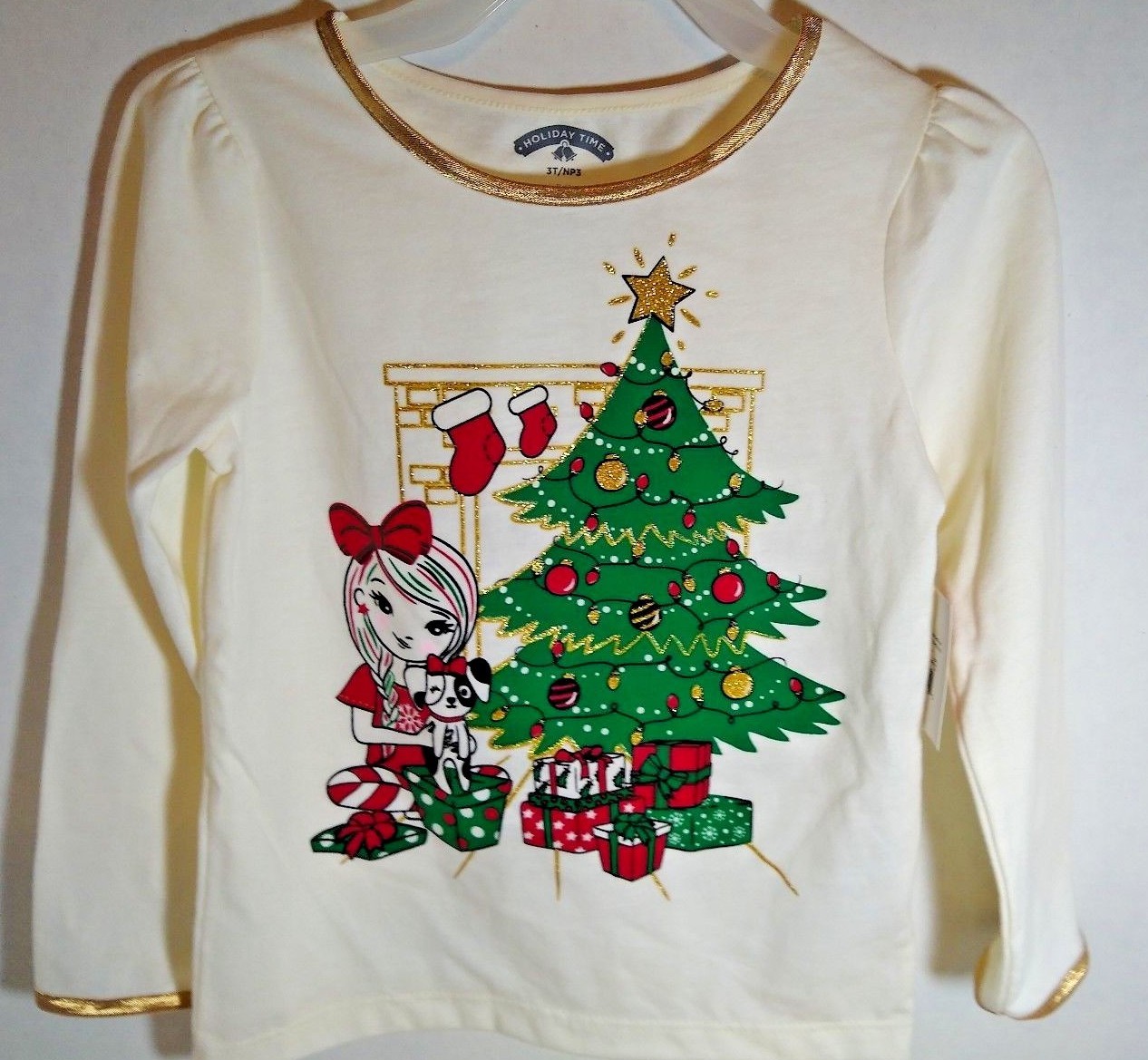 Christmas Tree Presents Dog Top Girls Gold Trim  choice of size 2T 3T 4T New