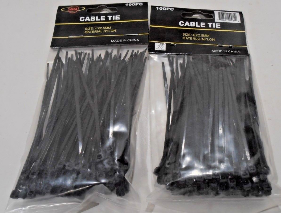 200 PC. 4" INCH NYLON CABLE ZIP TIES TWO 100 PC. PACKS BLACK