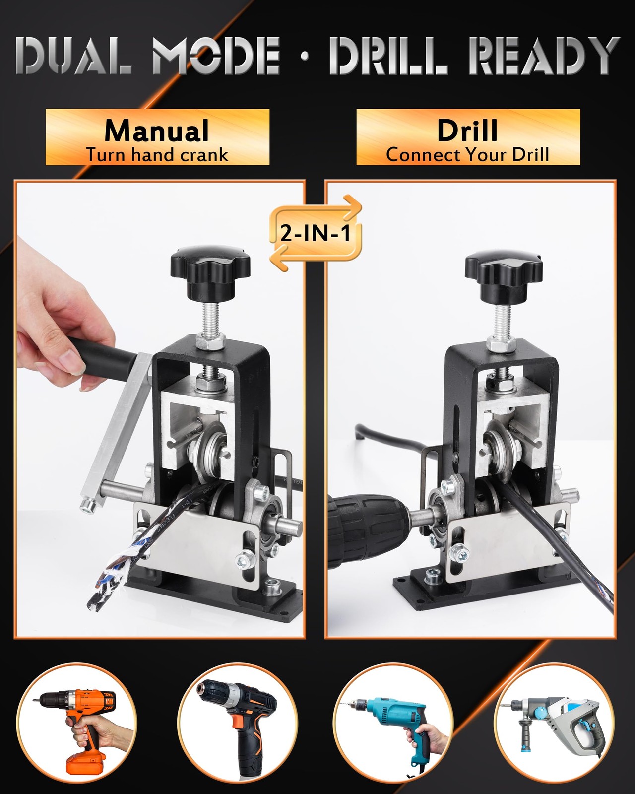 Manual Wire Stripping Machine, 2 IN 1 Drill-Powered/Hand Crank Black