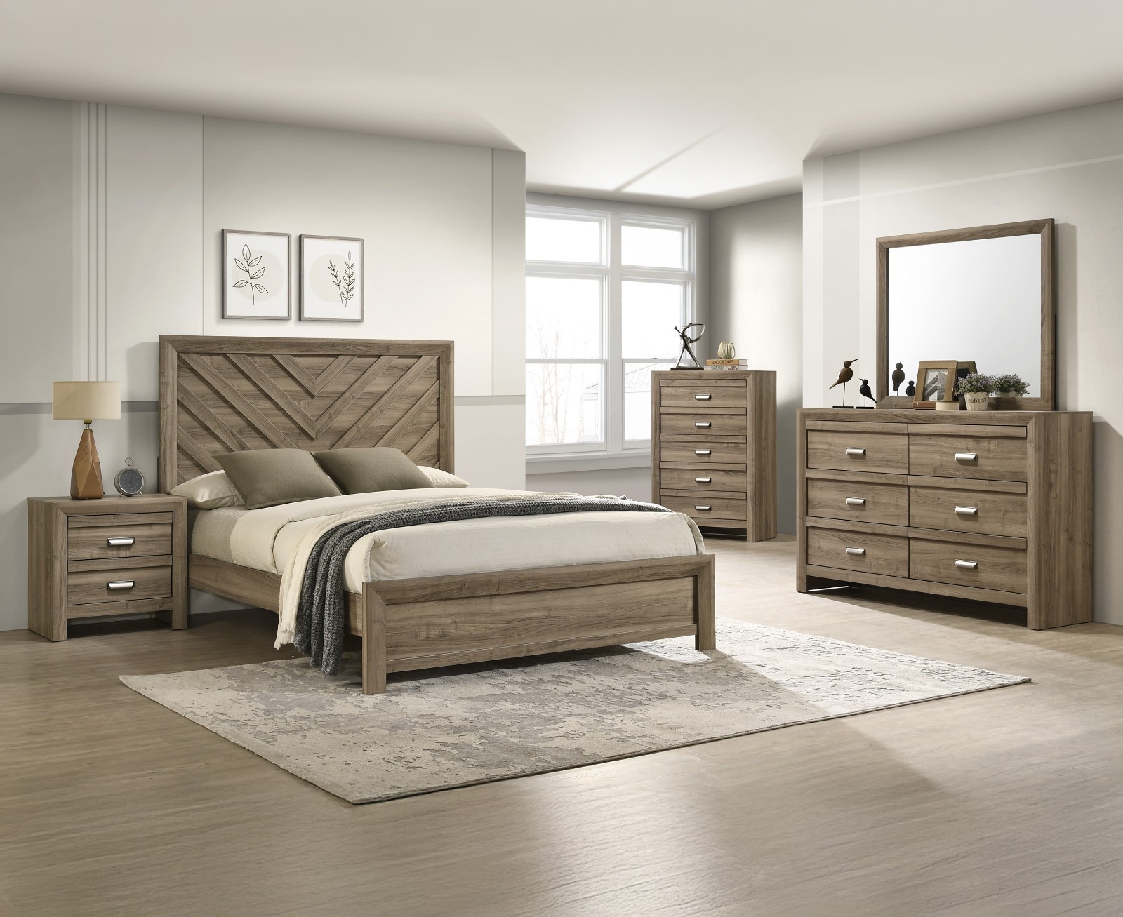 Light Brown King Size Panel Chevron-pattern Bed Bedroom Furniture 5pc Set