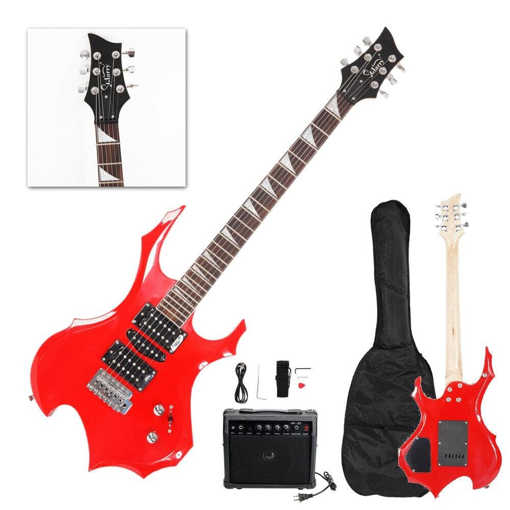 Glarry Flame Shaped Red Burning Fire Basswood Electric Guitar with Bag & 20W Amp