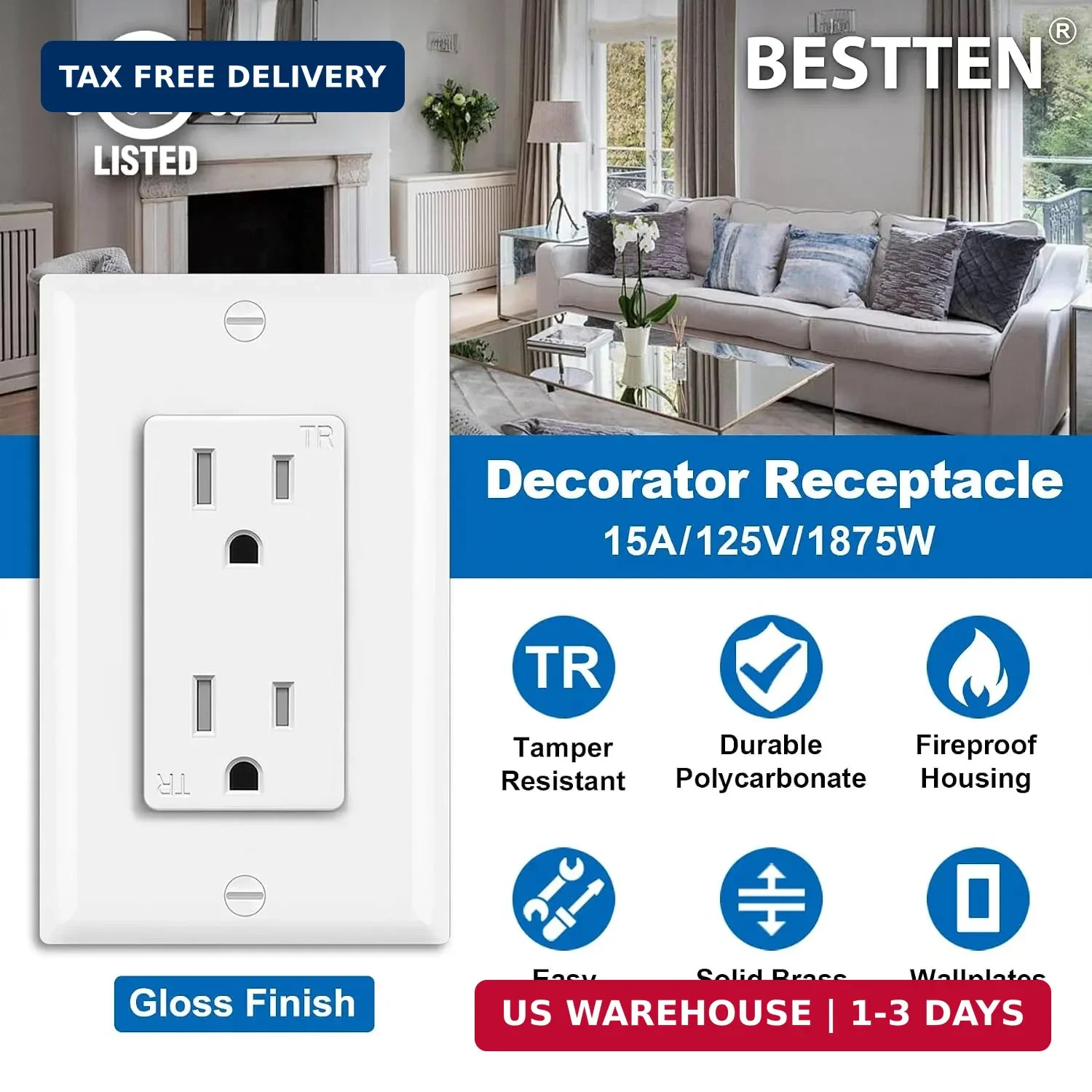 20 Pack 15 Amp Tamper Resistant Decor Receptacle, Standard Electrical Wa