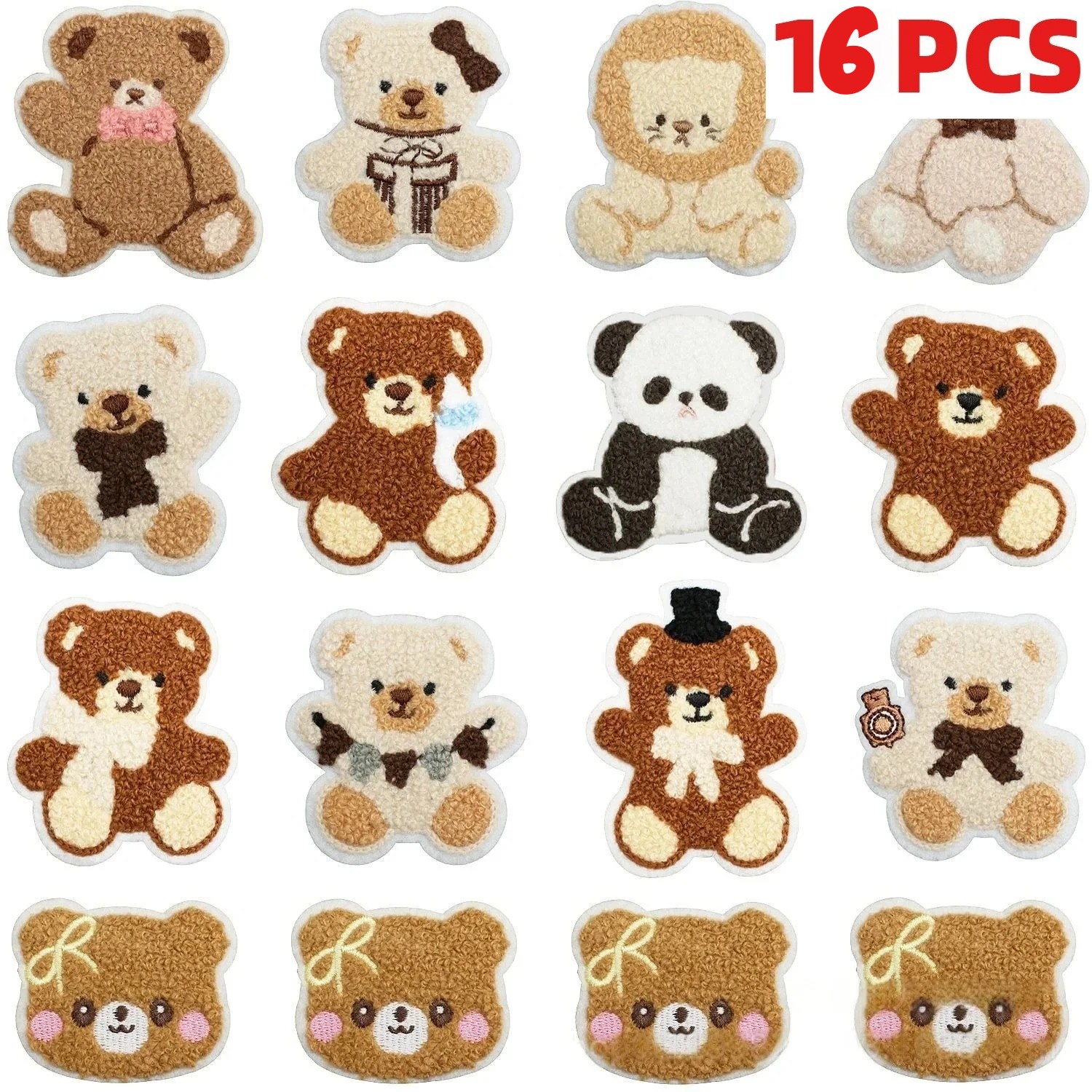 16PCS Brown Bear Embroidery Cloth Patch Hat Flower Bear Ironing Label Jacket Bag