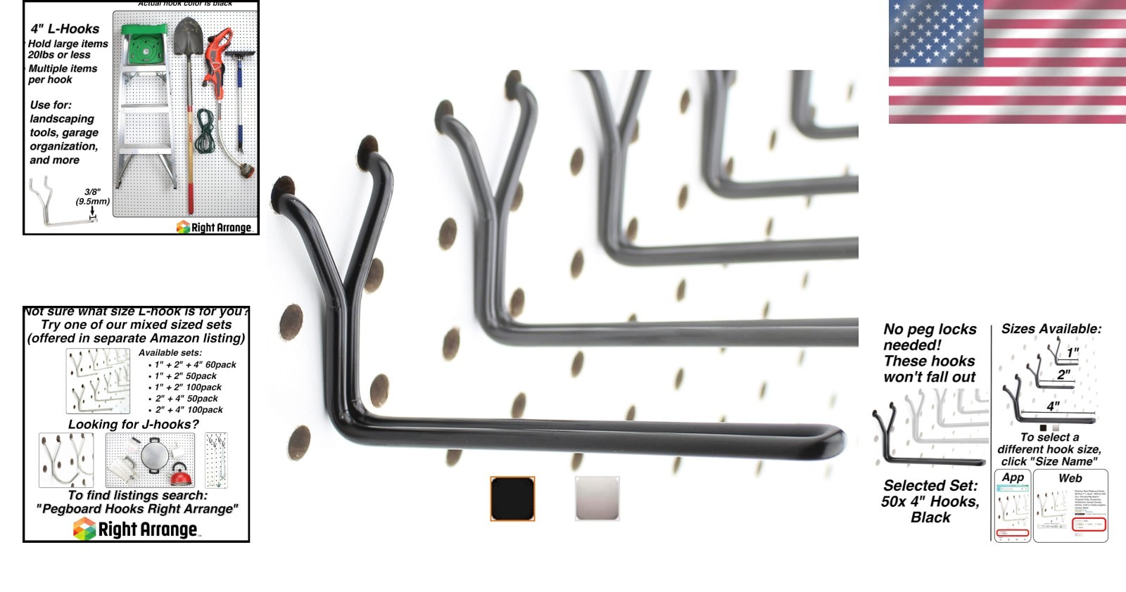 Multipurpose Pegboard Hooks 4" L - 50 Pack