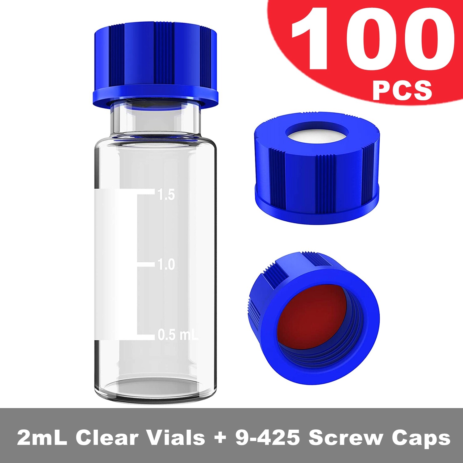 100Pcs 2ml Glass Vials Bottles Clear Containers w/ lids and septa for  GC/MS/GPC