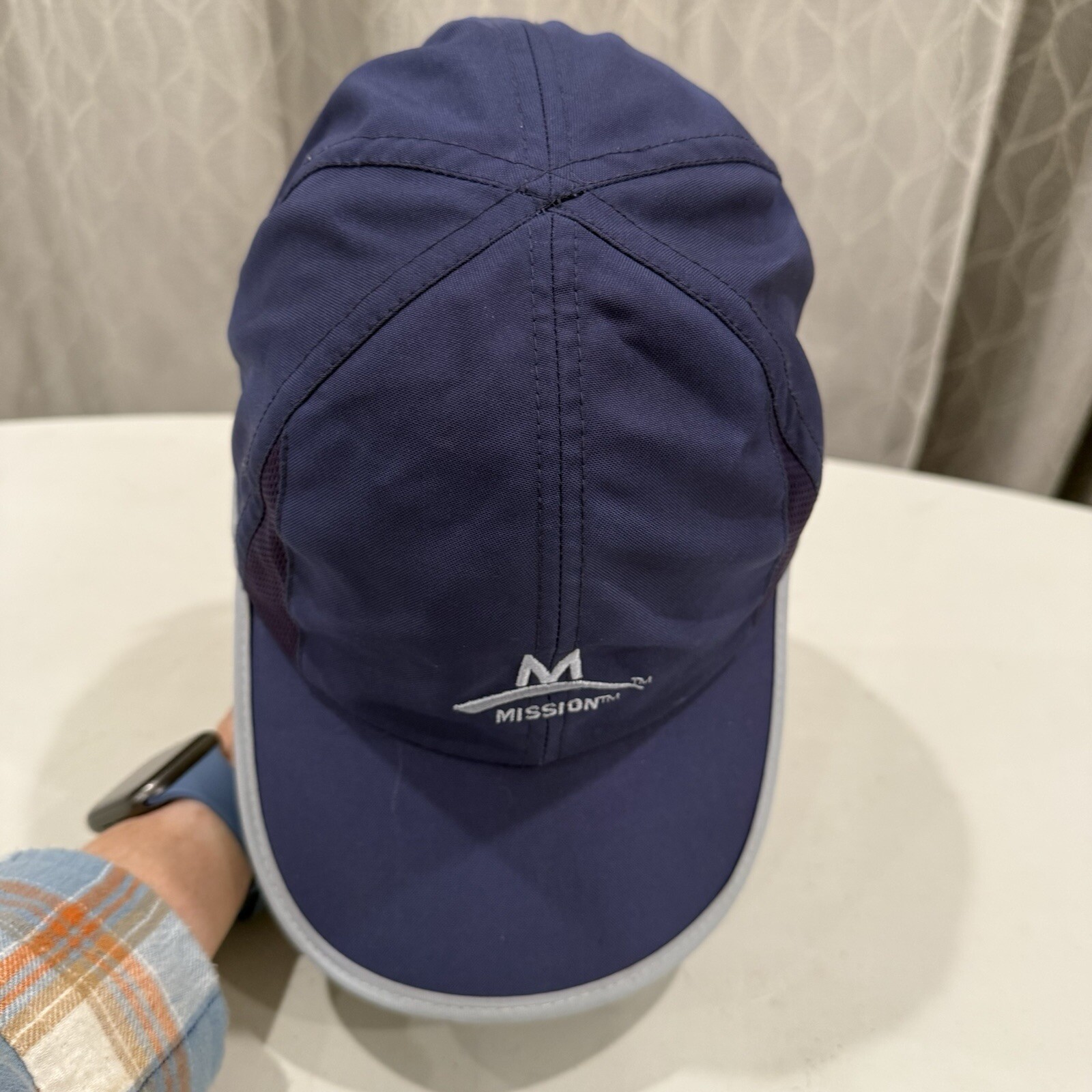 Mission M on BLue w Gray Hat Cap Light Weight Hook Loop EUC
