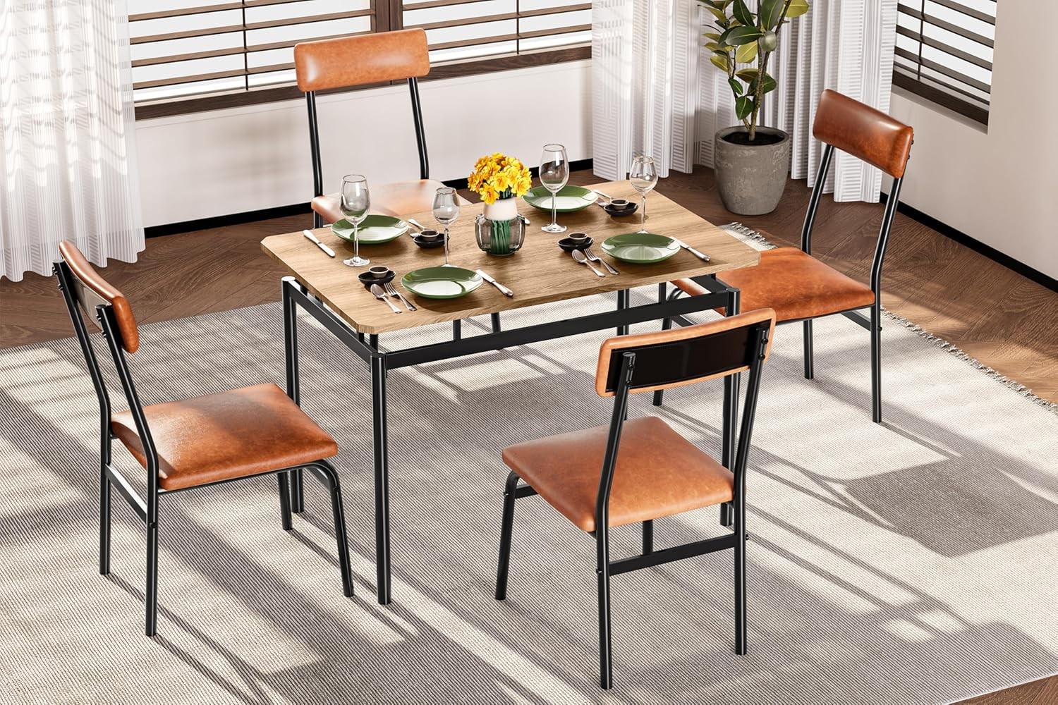 5 Piece Dining Table Set Kitchen Table with 4 PU Upholstered Chair Dining Room