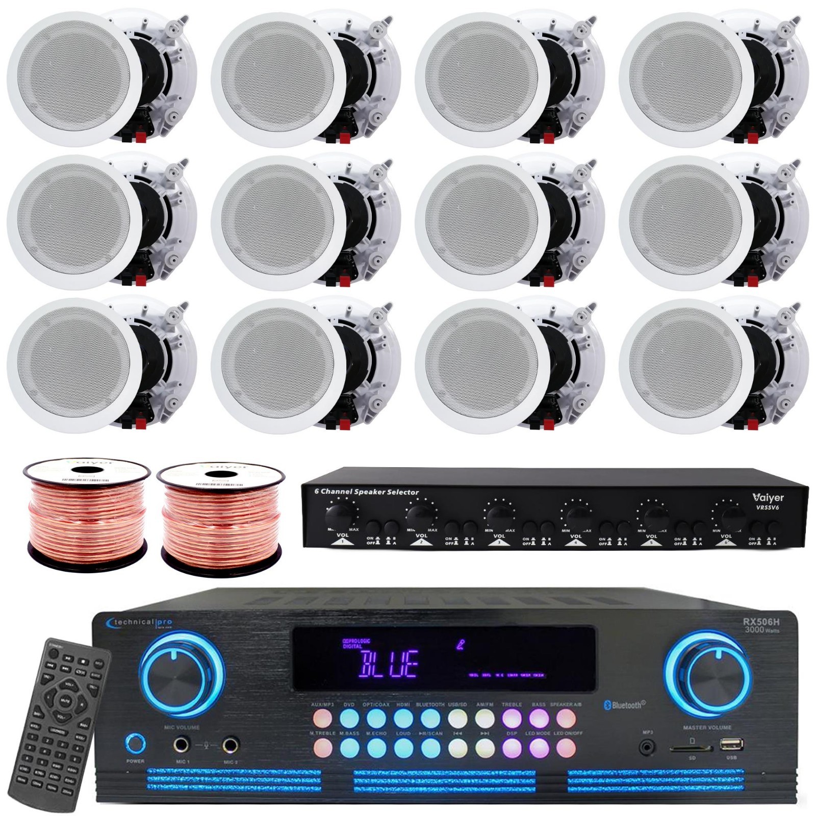Vaiyer 2000W Home Audio Kit w/ 12x 5.25" Ceiling Speakers, Selector & 500ft Wire