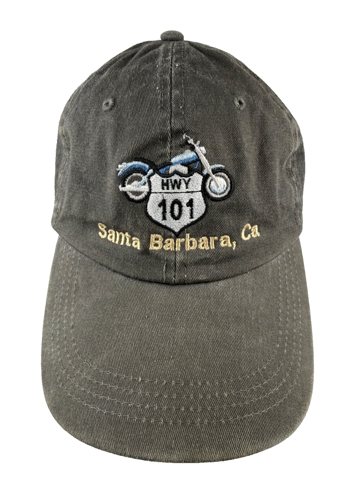 Motorcycle Hwy 101 Santa Barbara, CA Embroidered on Dark Gray Hat Cap Hook Loop