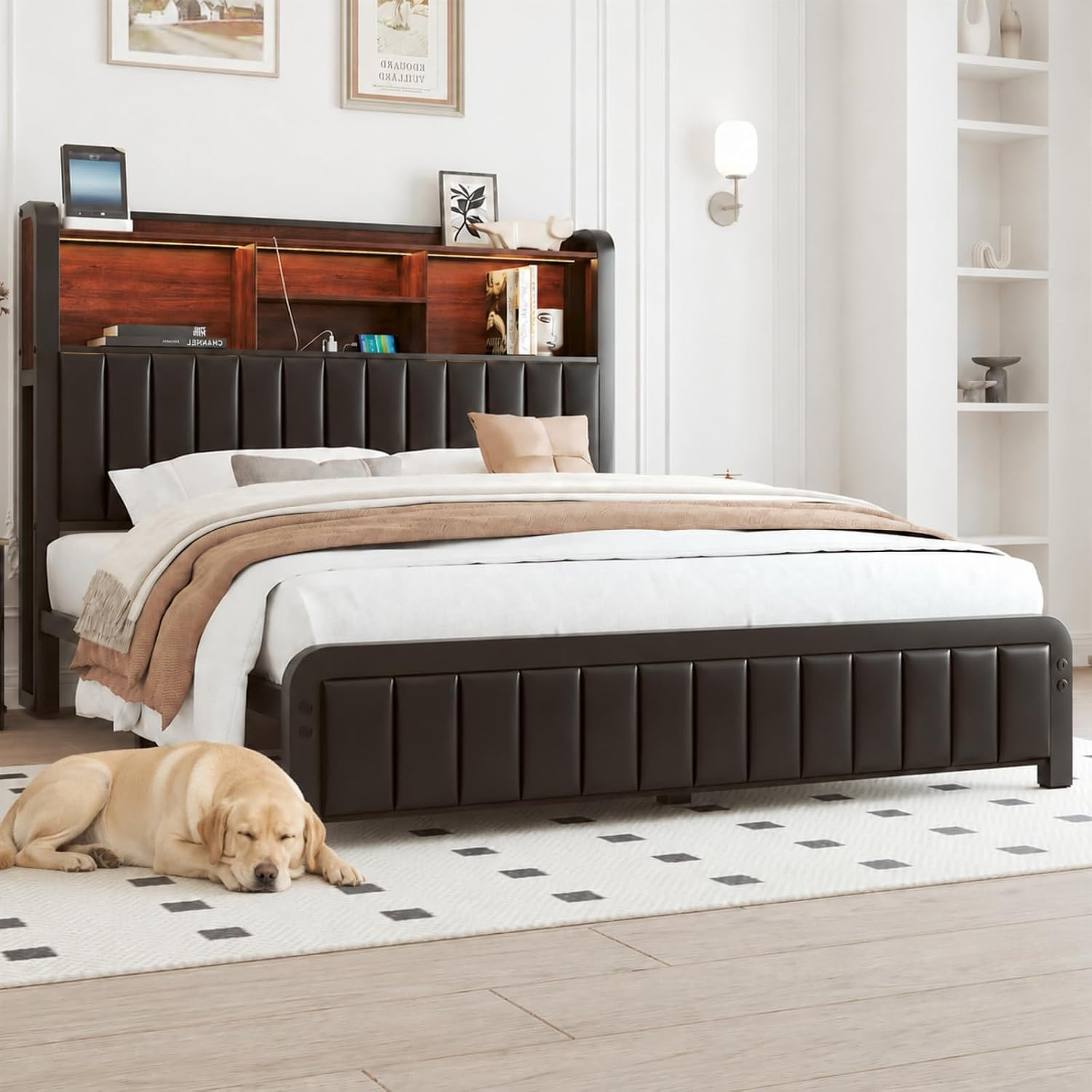 Queen Size Bed Frame with 3-Tier Storage Headboard and LED Lights, Black | Charg