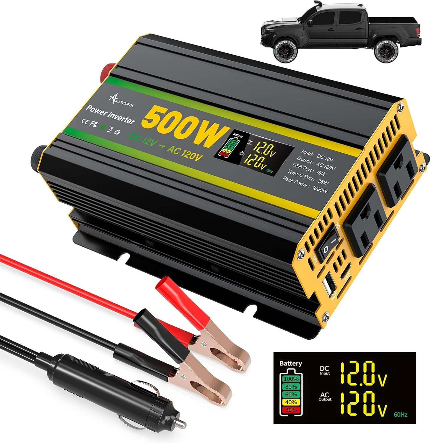 500 Watt Power Inverter for Vehicles, Car Power Inverter with 2 AC Outlets/Cigar
