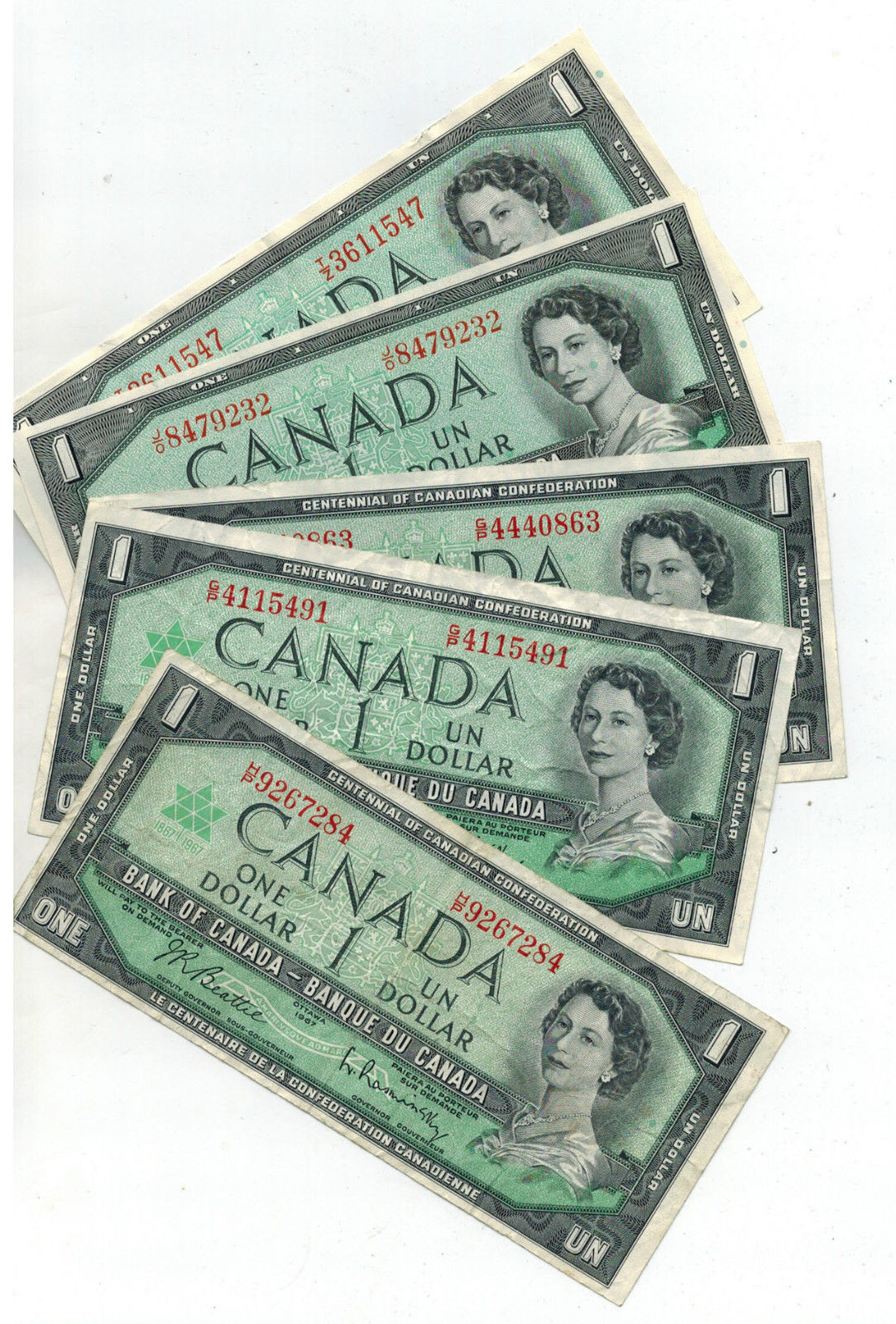 Canada 1954 & 1967 Centennial  $ 1 Banknotes Mixed Lot Of 5 Beattie Rasminksy