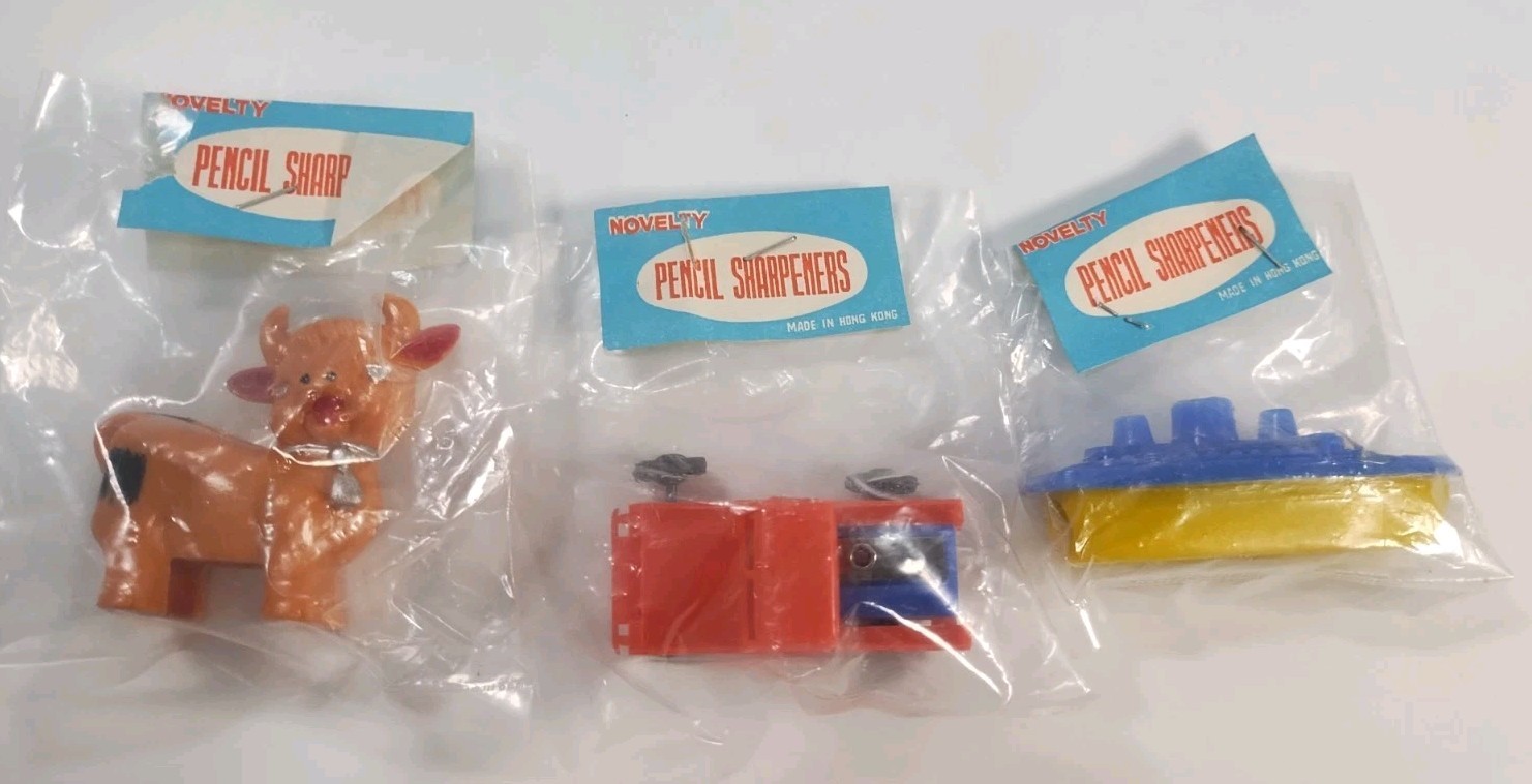 VINTAGE RARE PLASTIC NOVELTY PENCIL SHARPENERSHONG KONG 60's Truck Cow Boat