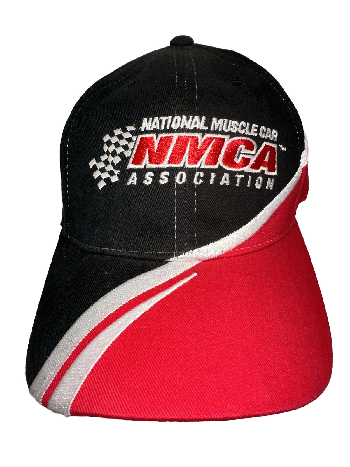 National Muscle Car Assoc. NMCA Hat Cap Half Black Half Red w White Hook Loop
