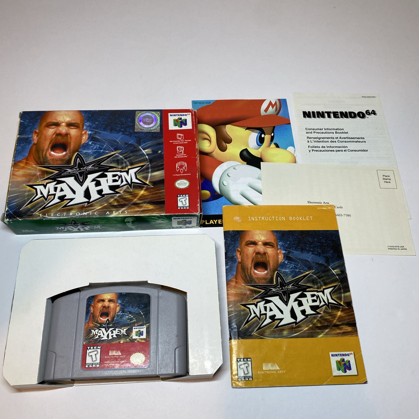 WCW Mayhem (Nintendo 64, 1999) Box Manual Complete CIB N64 Box Registration Card