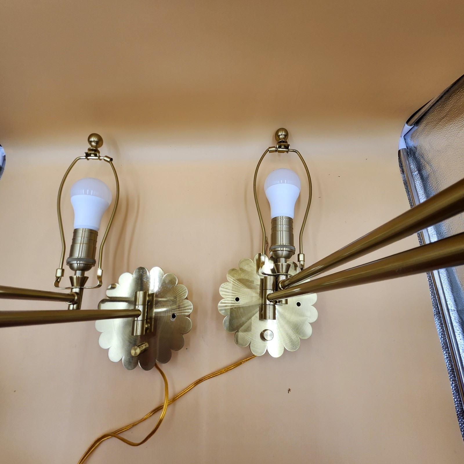 2 Flower scalloped brass base adjustable swivel light plug in wall