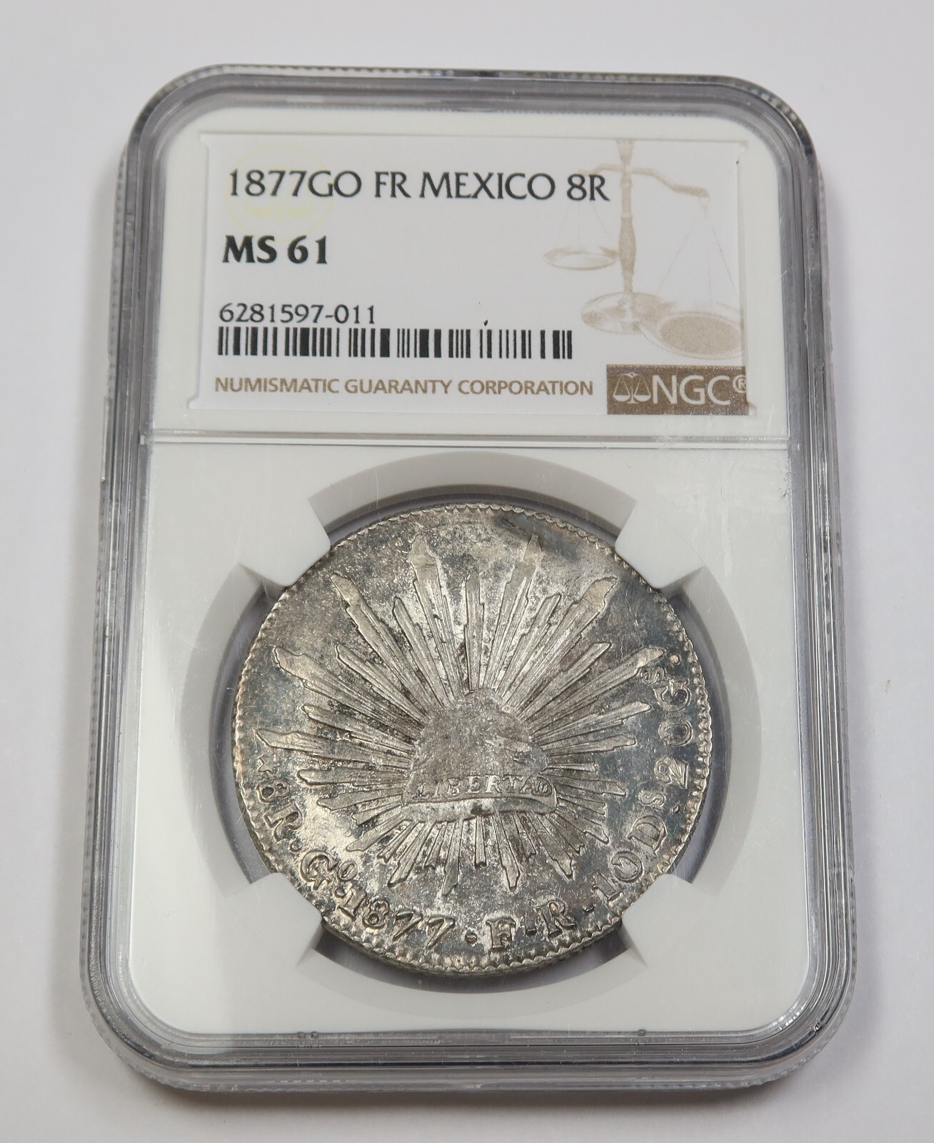 1877-GO FR NGC MS61 | REPUBLIC of MEXICO - Silver Eight Reales 8R Coin #35683A