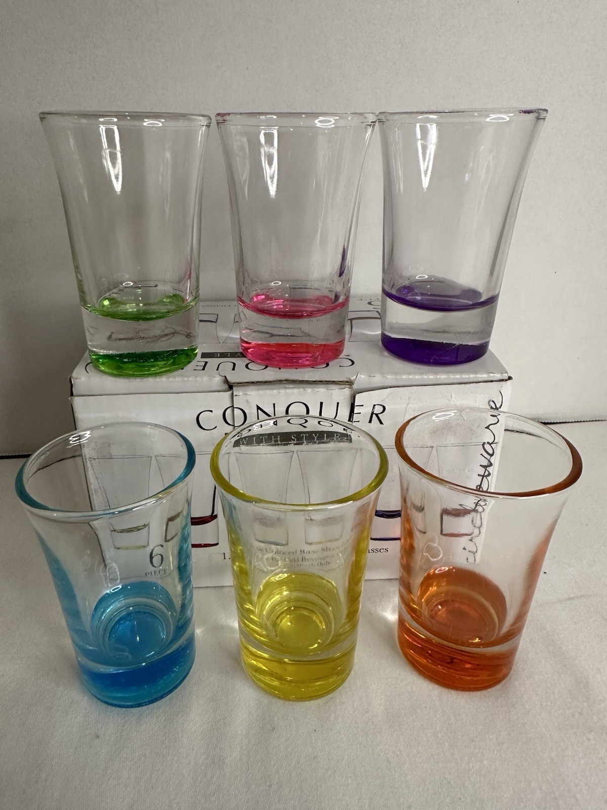 Conquer With Style  6  Colored Shot Glasses - NIB