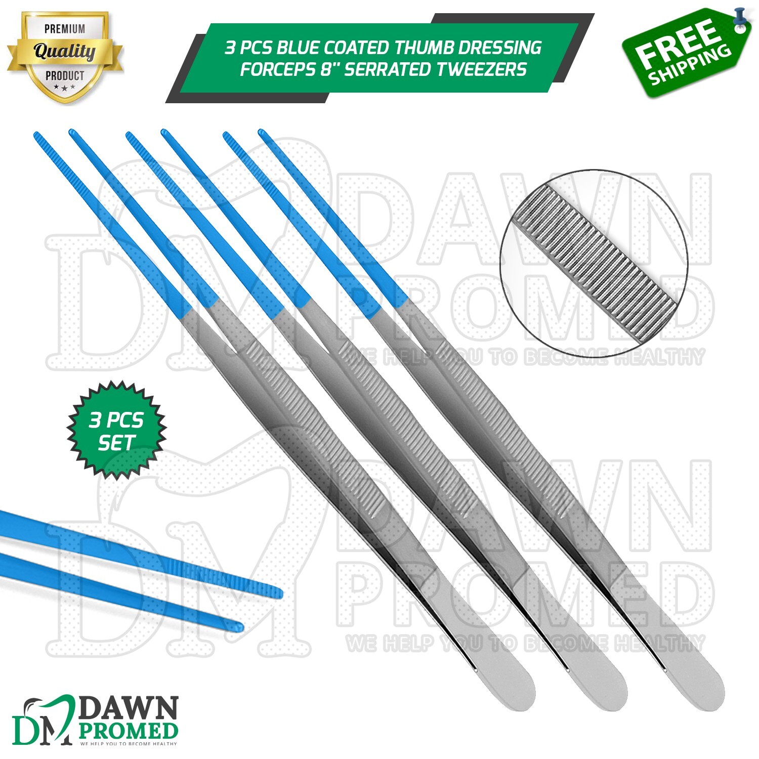3 Pcs Blue Coated Thumb Dressing Forceps 8" Serrated Surgical Tweezers Set