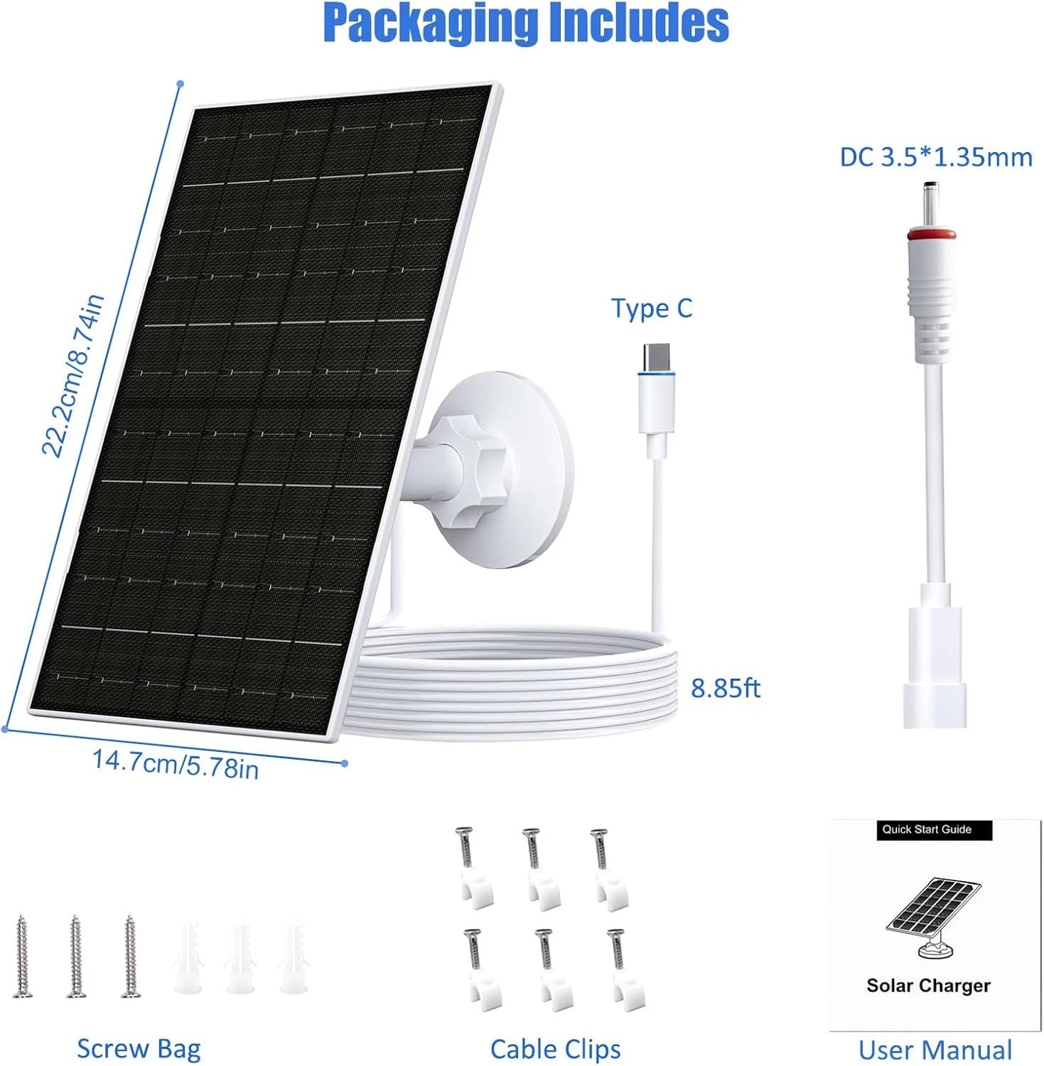 7W Solar Panel for Ring Camera, Solar Charger with USB-C & 3.5Mm Ports for Ring