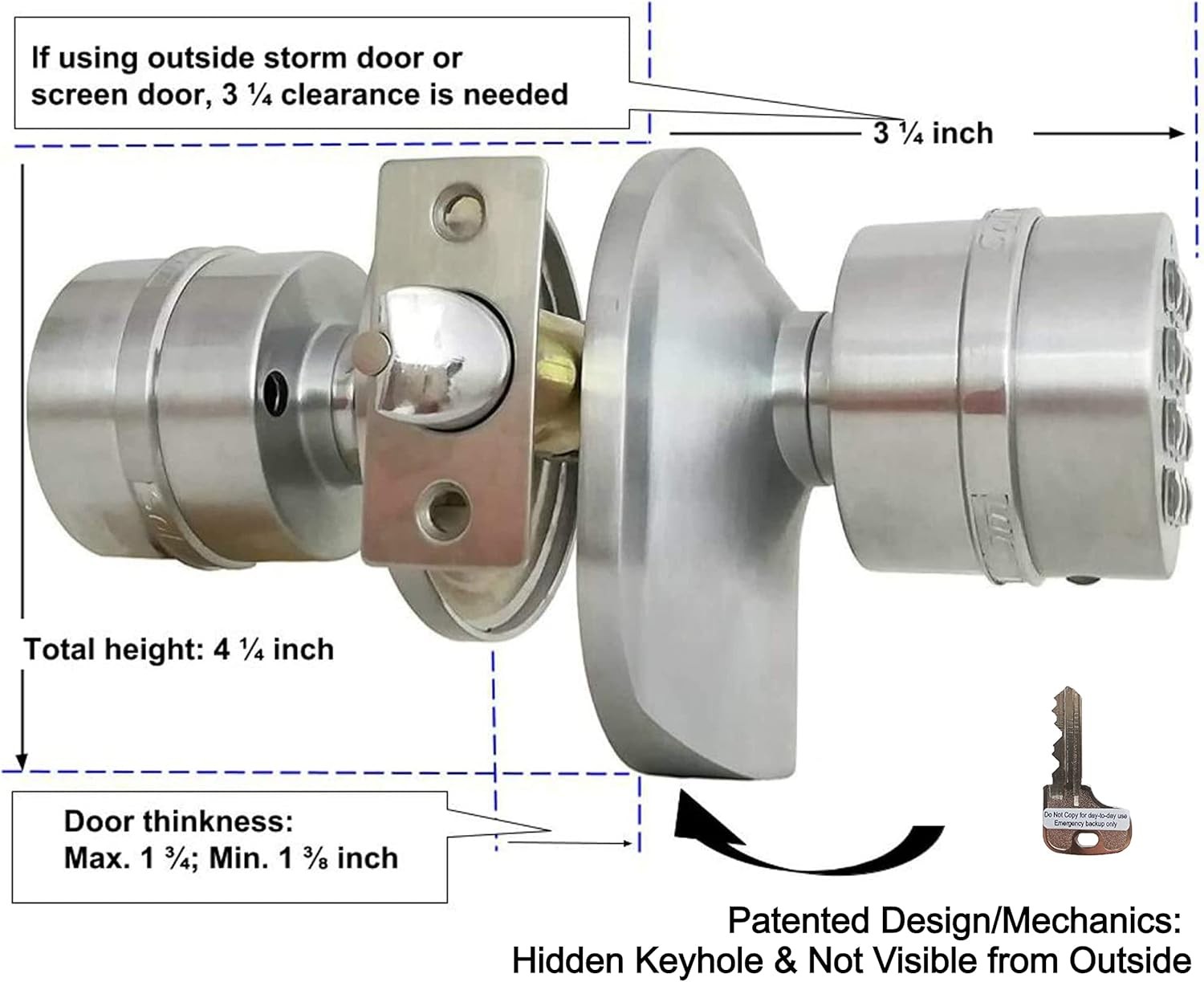 Keypad Door Knob Lock Auto-Lock 3 sec 8 User Codes Master Code LED Backlit Key