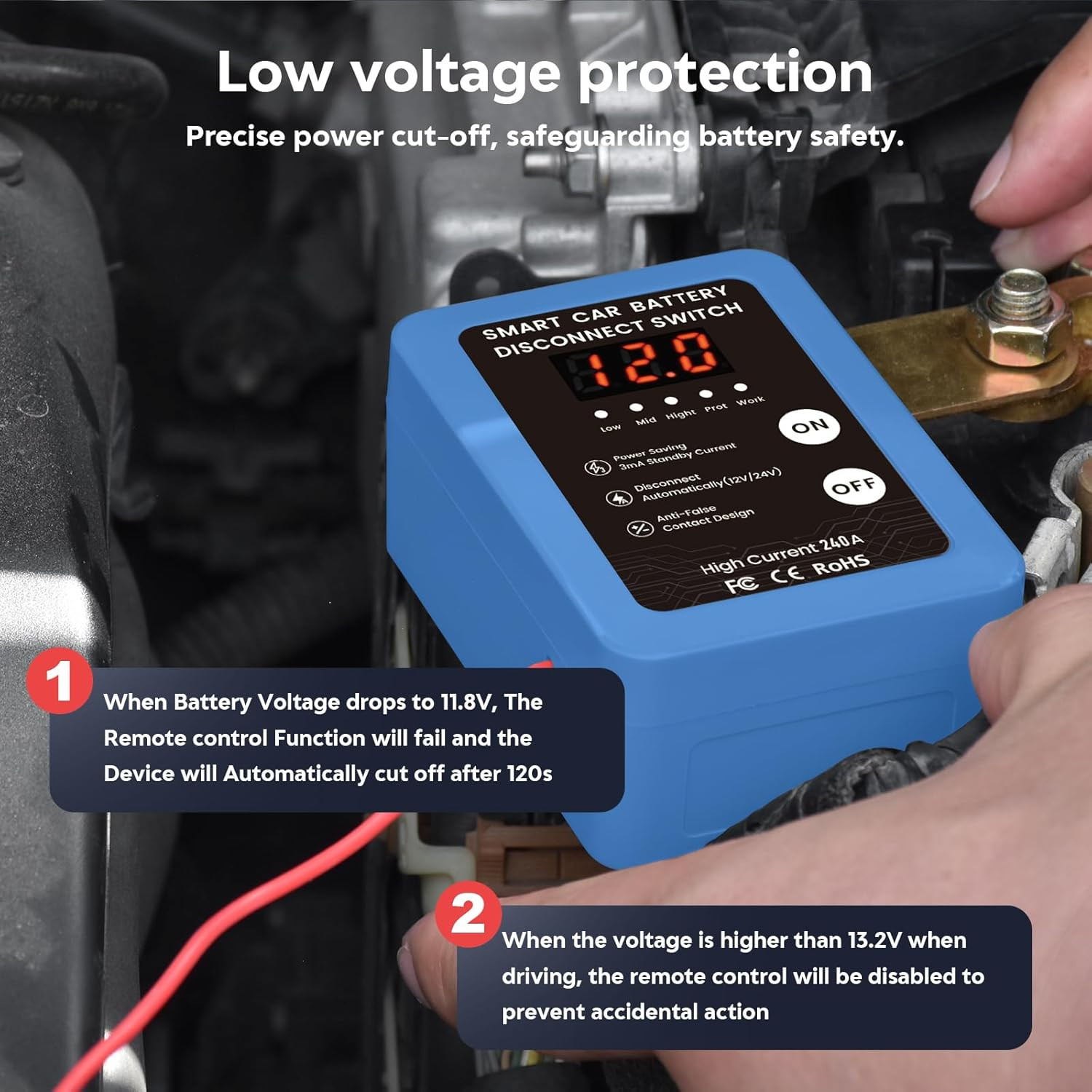 Kill Switch for Car - 12V Remote Battery Disconnect Switch Smart Voltage Car Bat