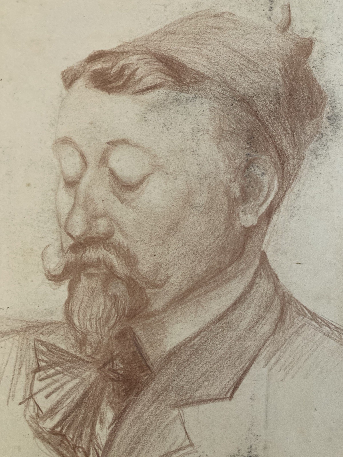 Antique Pencil Drawing Portrait Man with Beard Moustache 1850 19th
