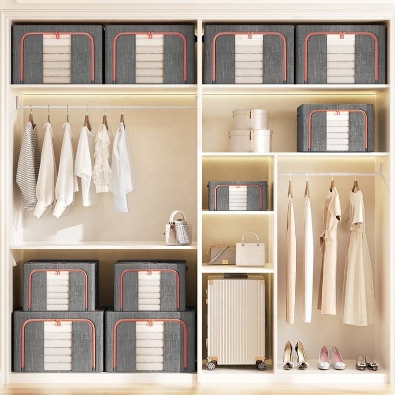 2 Pack Large Clothes Storage Bag Foldable Organizer Bins with Metal frame