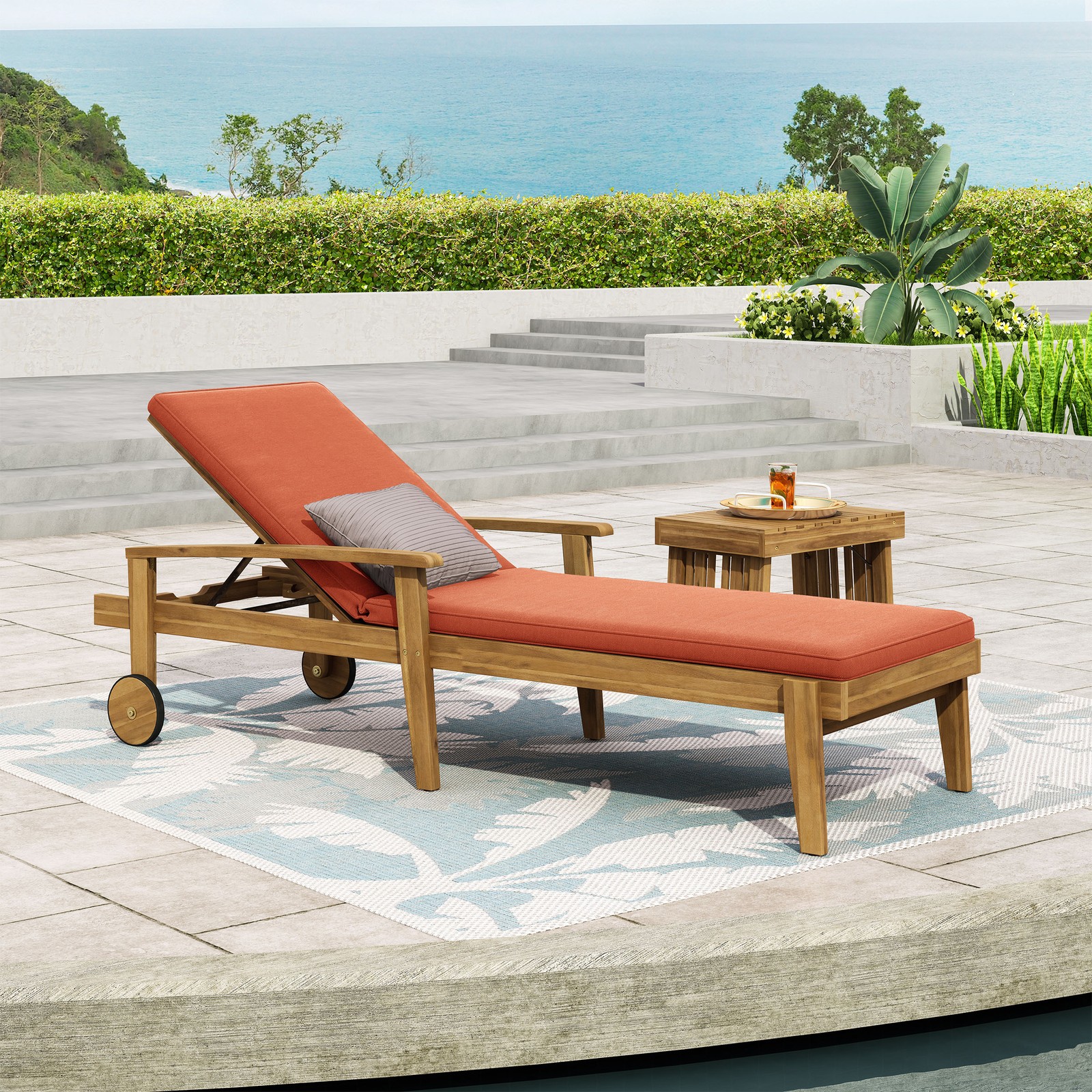 Chaise Lounge Chair w/ Adjustable Recliner & Water-Resistant Orange Cushions