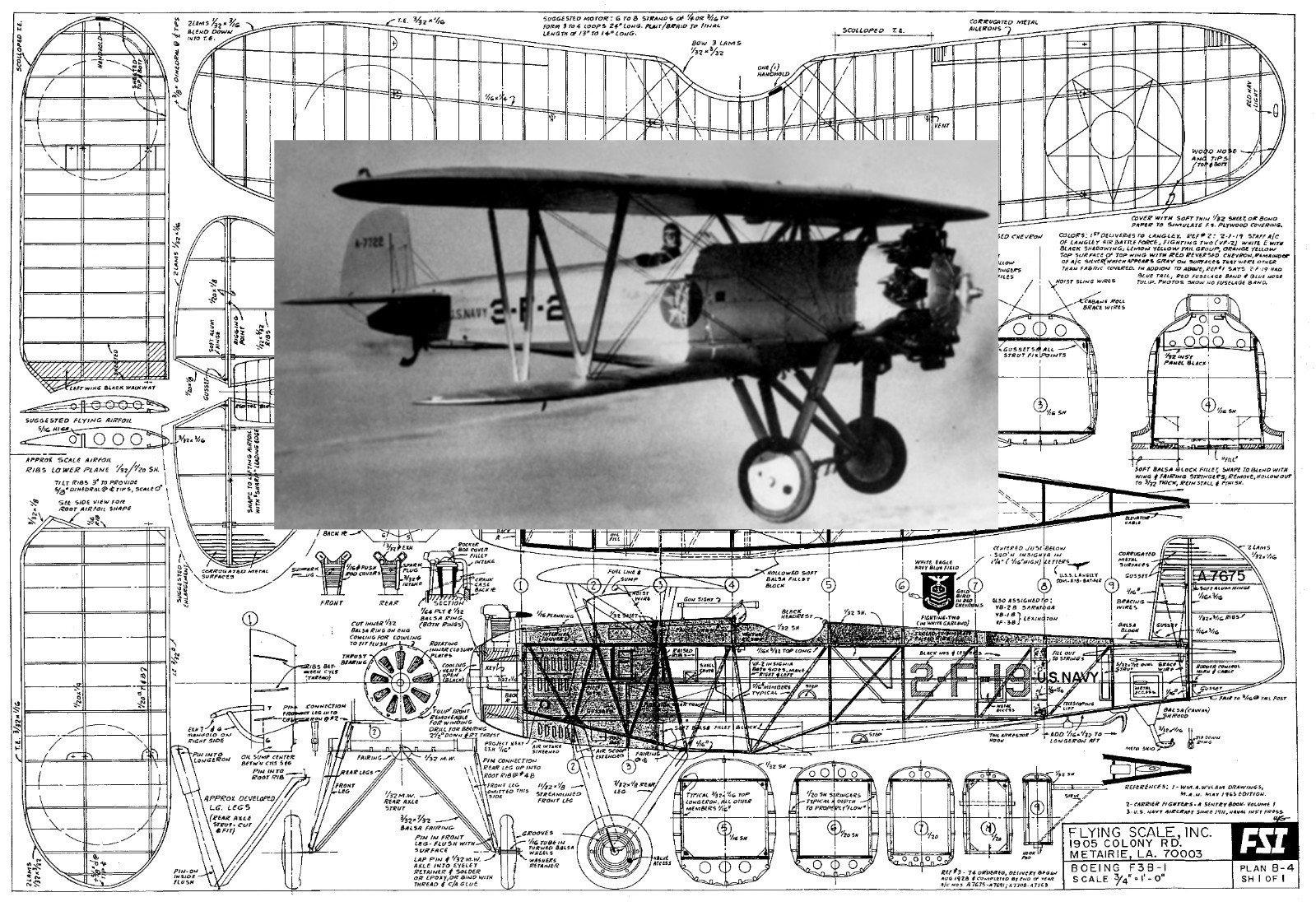 FSI Model Airplane Plans (FF): Boeing F3B-1 --- 1/16 Scale 24" RP'ed Biplane
