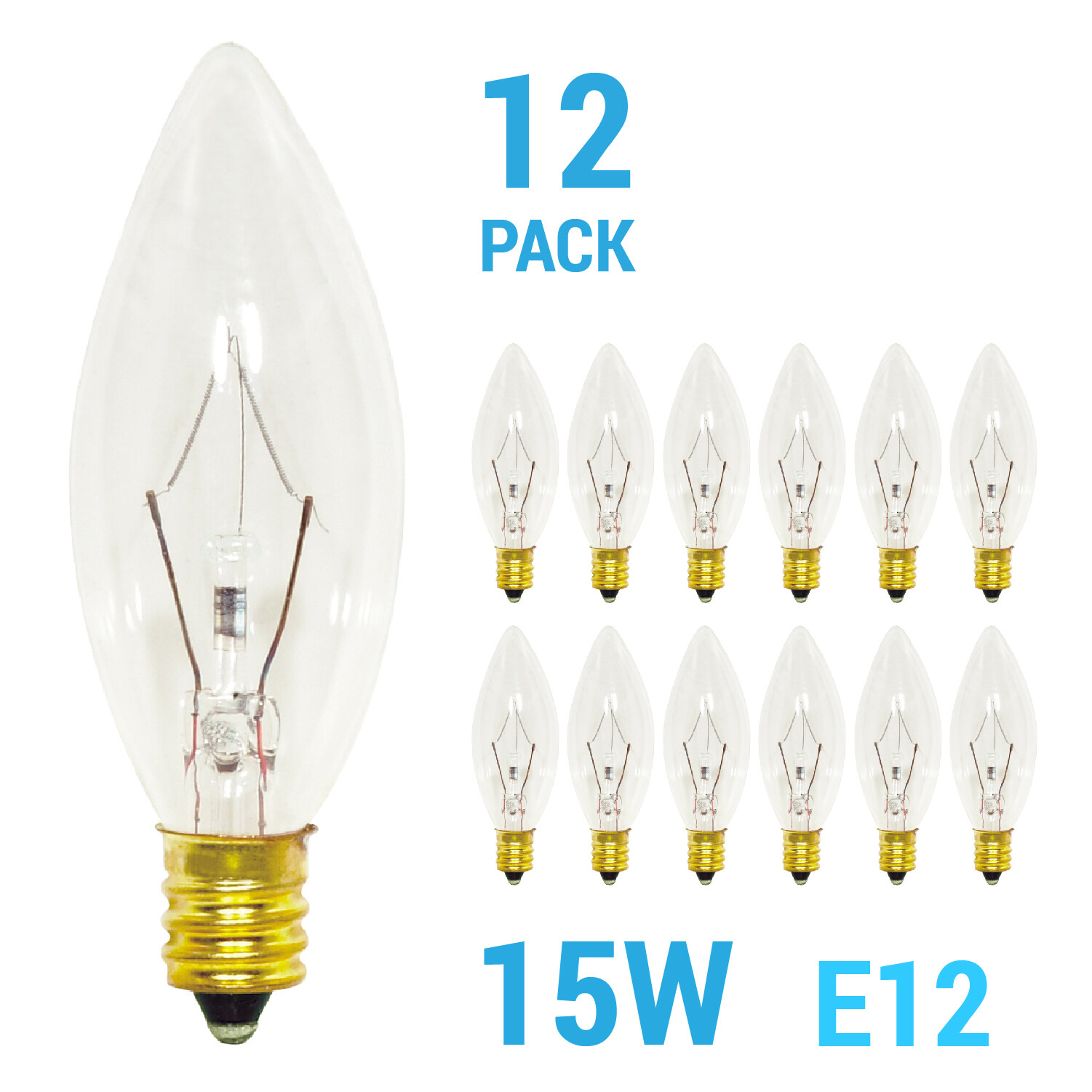 12 Pack Torpedo Blunt 15W Petite 120V Chandelier Bulbs B8 Candelabra E12 Clear