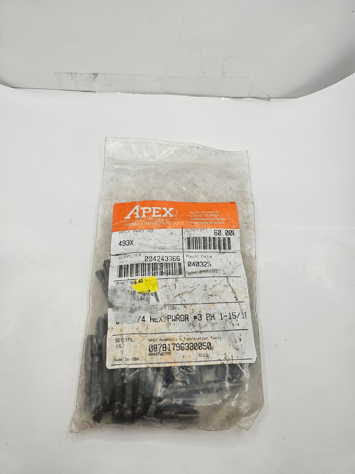 (60 PIECES) Apex Tool Group 493X Power Bits ,SAE,1/4", Hex Power Drive