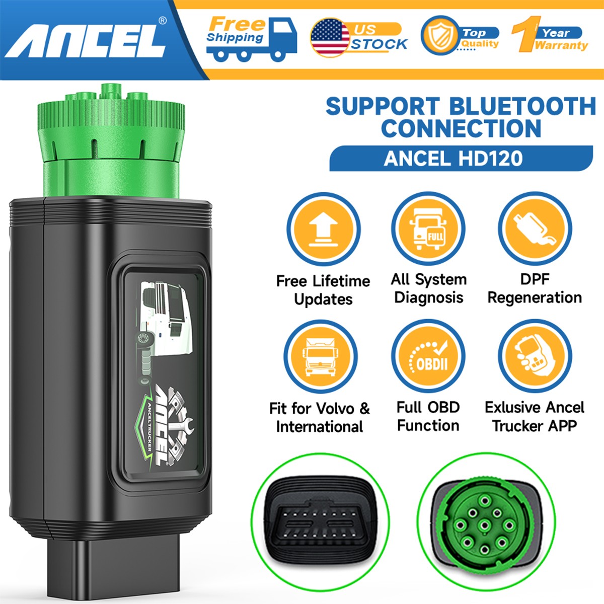 ANCEL HD120 Bluetooth Diesel OBD Heavy Duty Truck Scanner Diagnostic Scan Tool