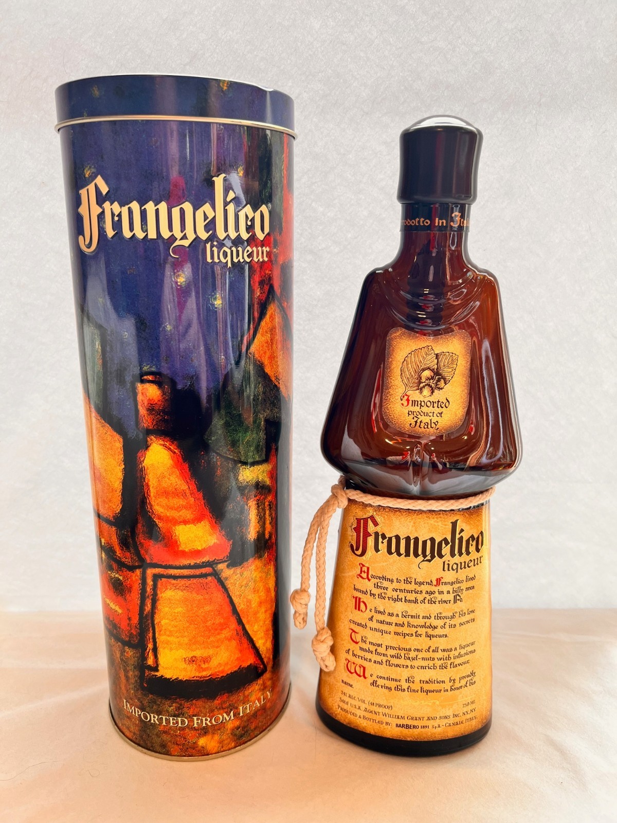 Frangelico Liqueur Italy Canister & Empty Amber Monk Bottle w/Rope