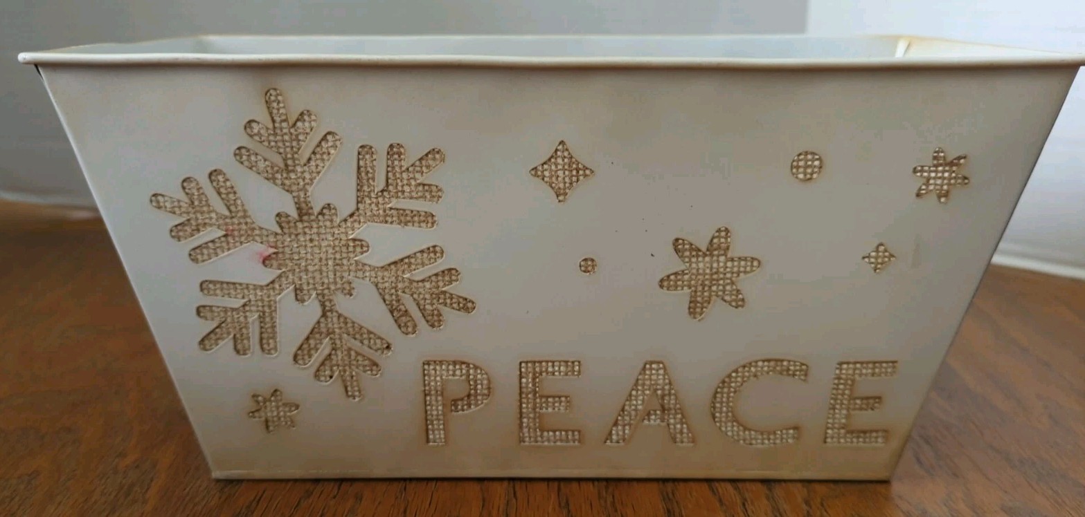 Tin Snowflake Peace White Planter/Gift Basket/ Home Decor
