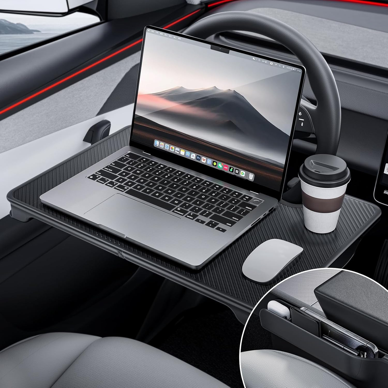 Car Steering Wheel Tray Desk Foldable Seat Gap Filler Organizer Carbon Fiber
