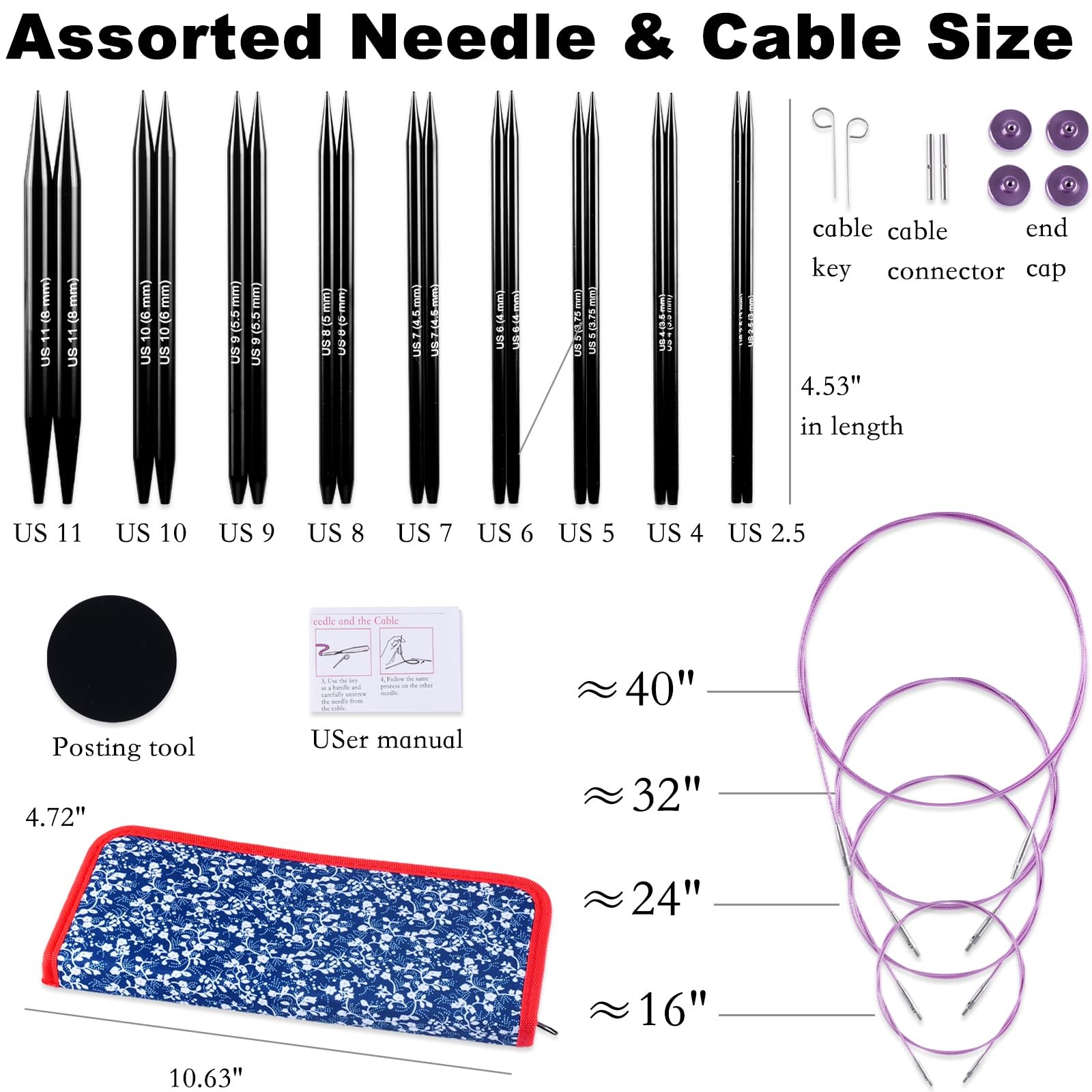 Interchangeable Circular Knitting Needle Set Aluminum US 2.5-11 with Case 9 Pair
