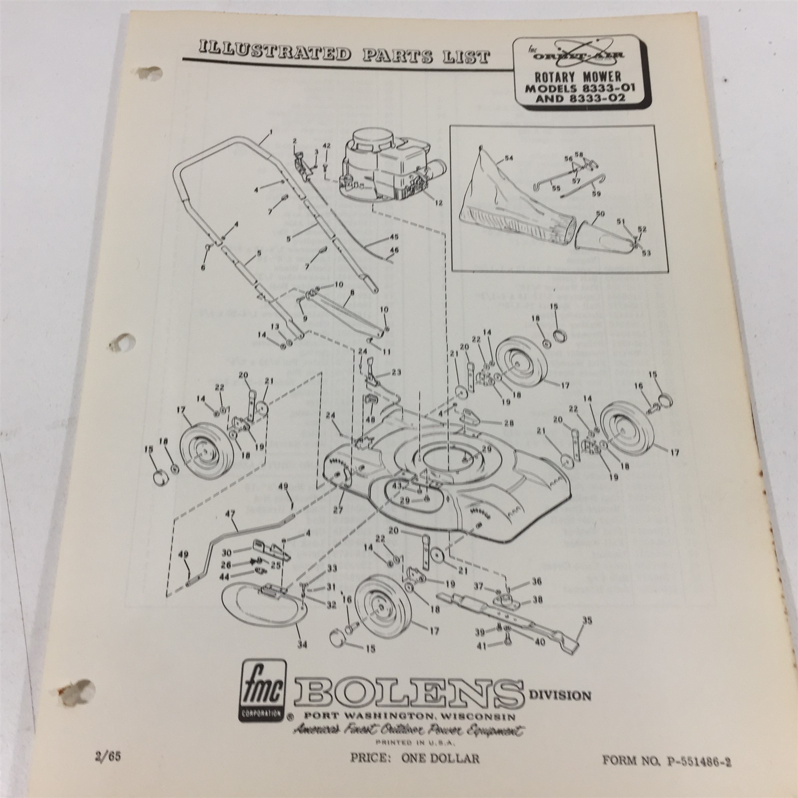 Bolens Rotary Mower 8333-01 8333-02 Illustrated Part List P-551486-2 1965