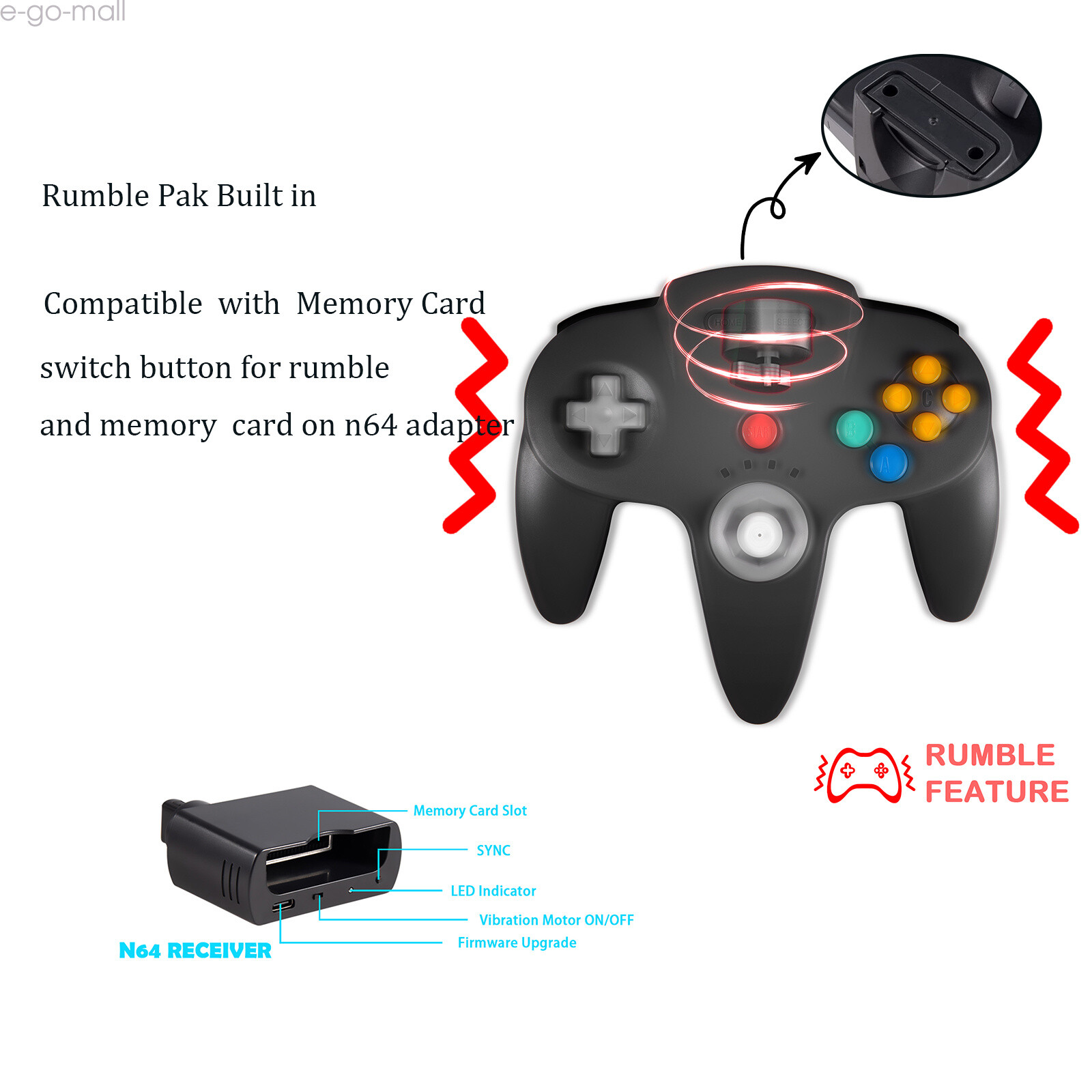 2.4G Wireless Switch Controller for Nintendo 64/Switch/PC Mac Window Rumble Pak