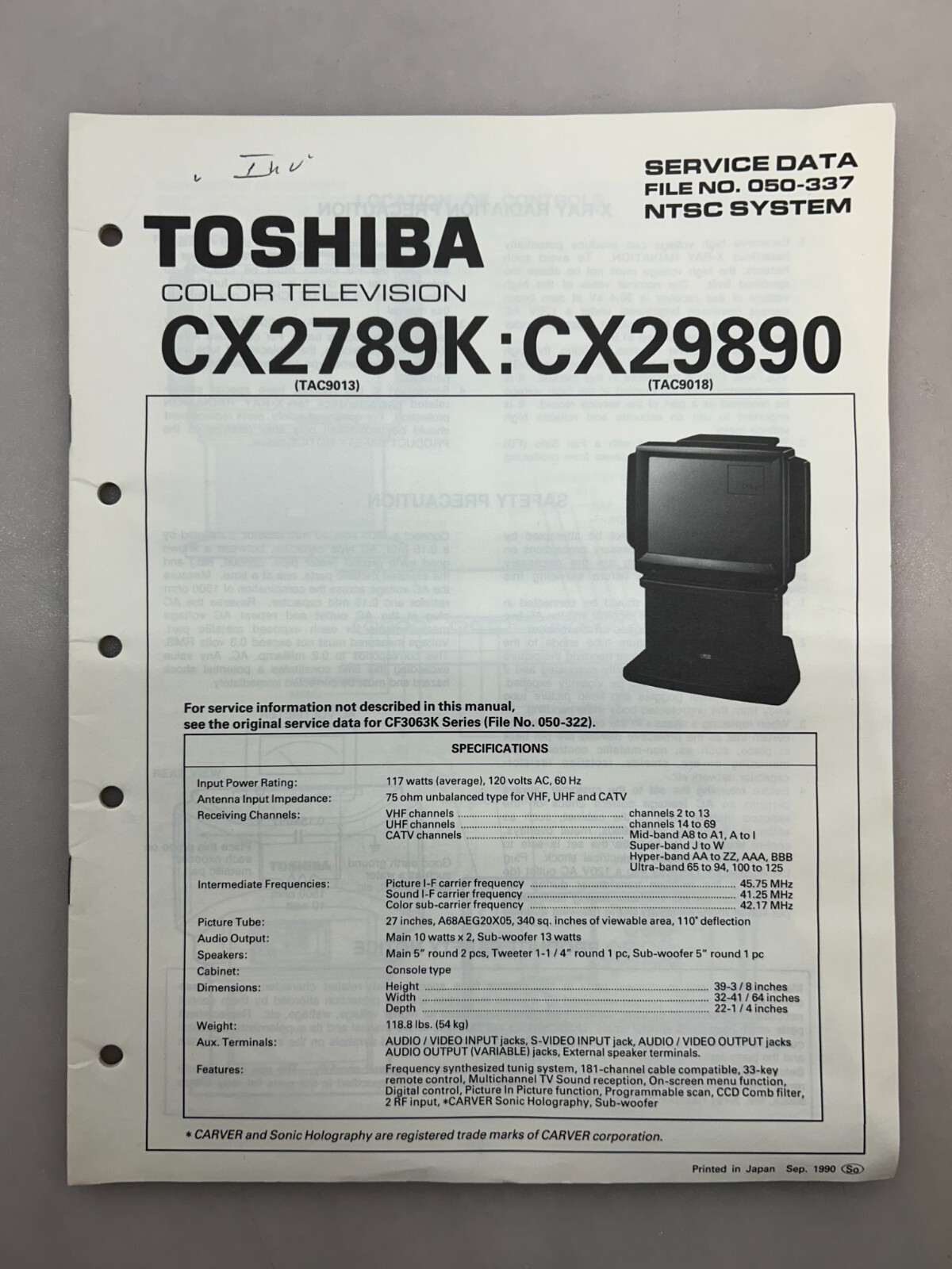 Toshiba CX2789K CX29890 Original Service Manual Free Shipping