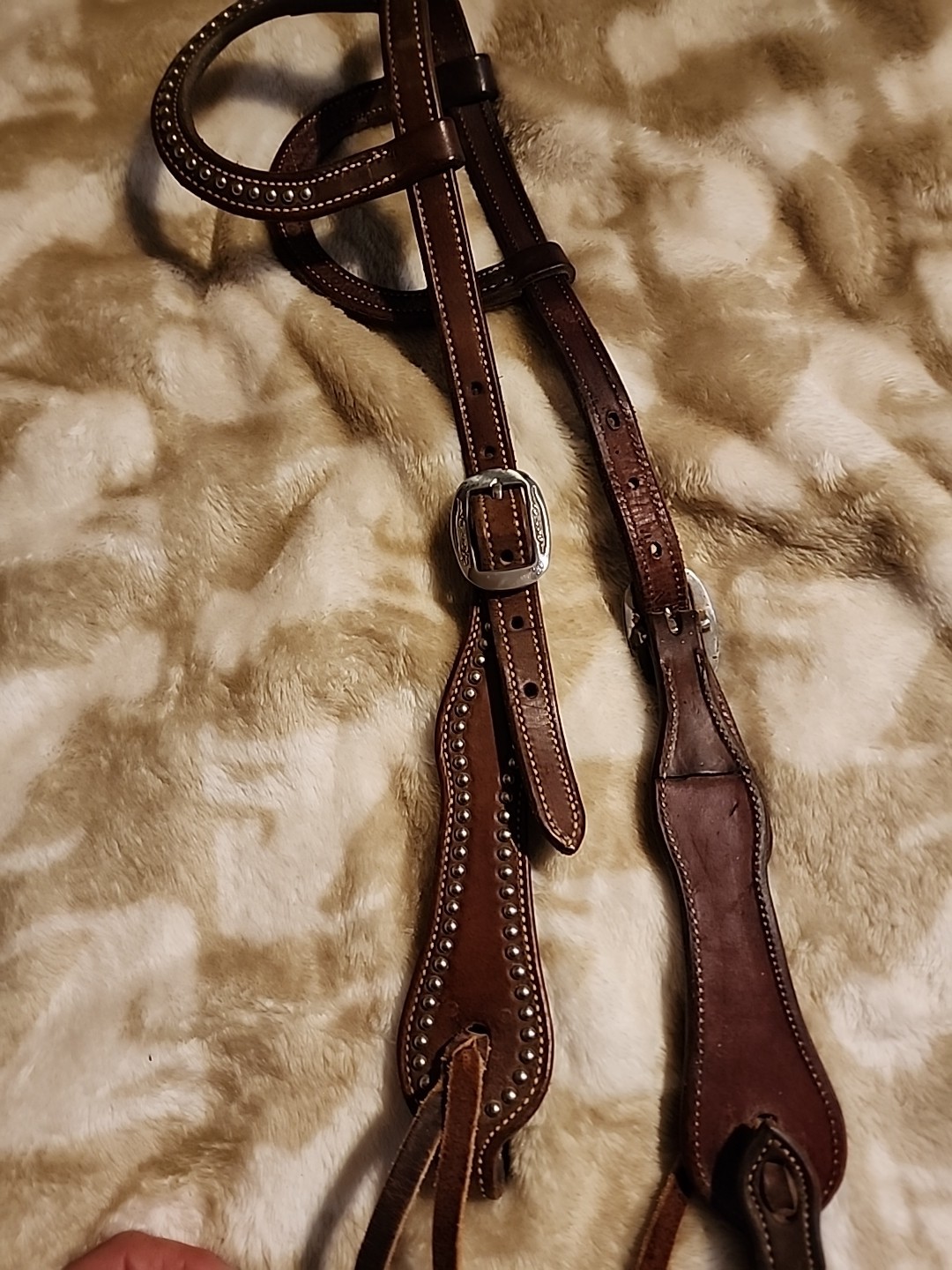 Double Eared Silver Dot Western Bridle Headstall Med Brown Leather EUC