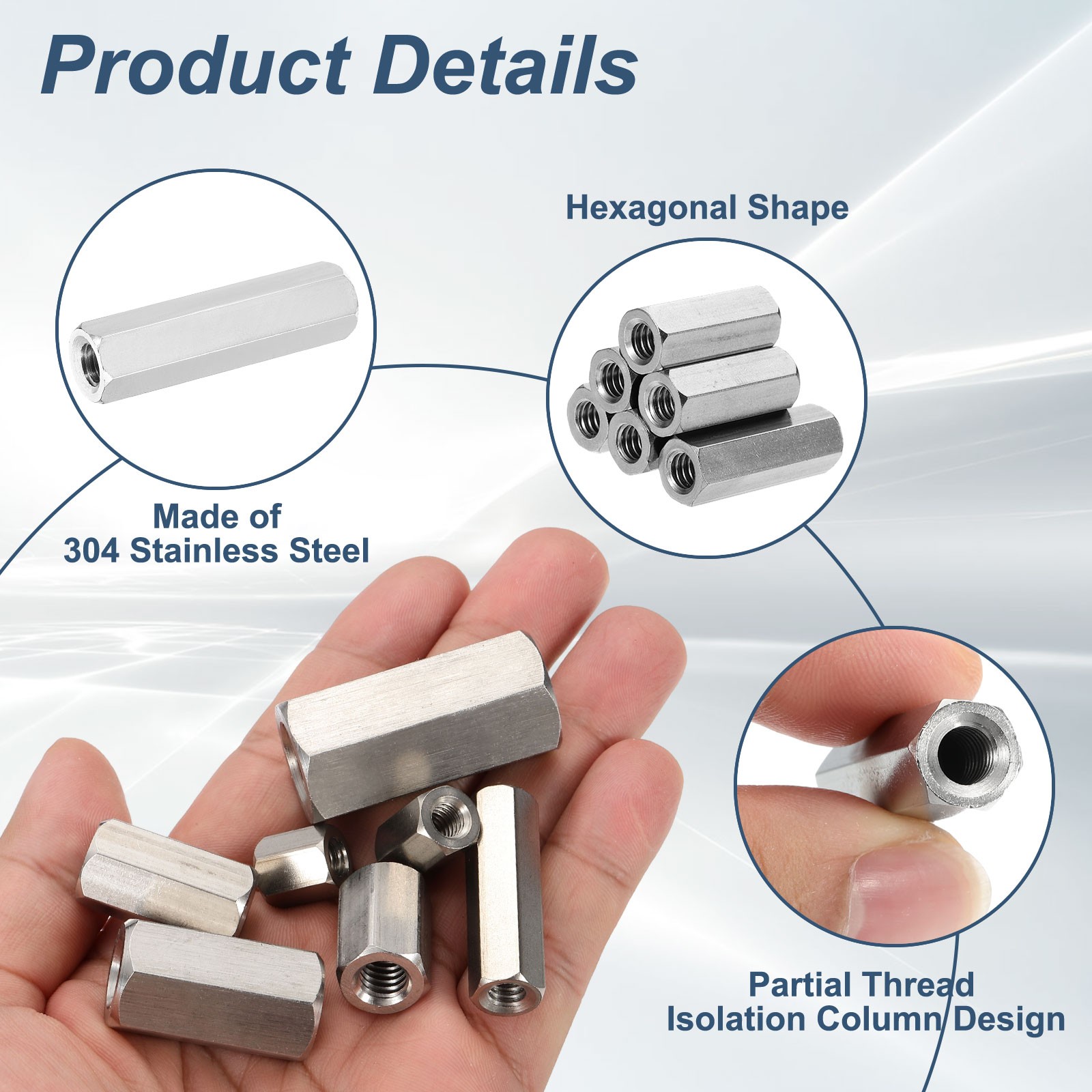 2Pcs UNC 1/4"-20 x 60mm 304 Stainless Steel Hex Threaded Rod Coupler Nut