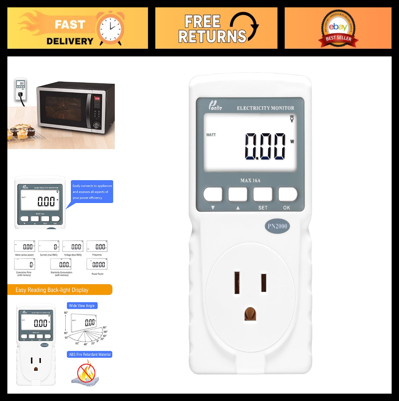 Plug-in Kilowatt Electricity Usage Monitor - Power Consumption Watt Meter Tester
