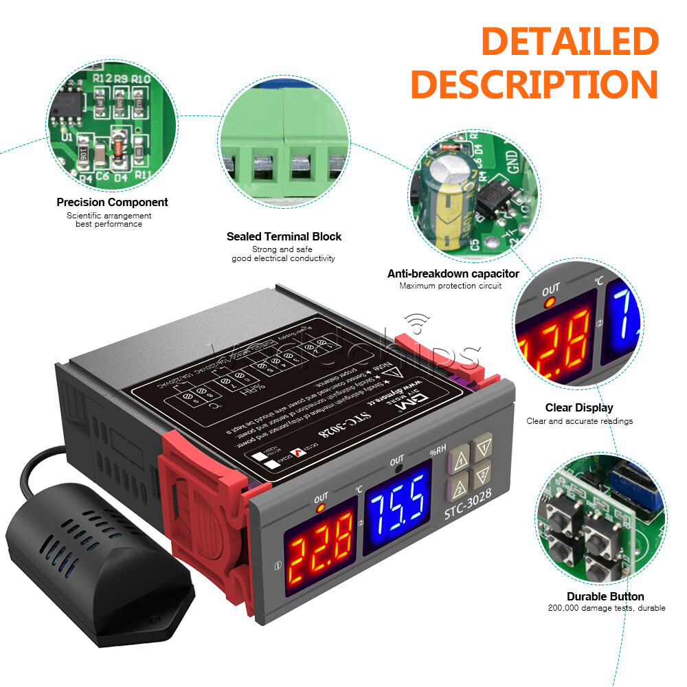 STC-3028 DC12V 10A Digital Dual LED Temperature Humidity Controller Thermostat
