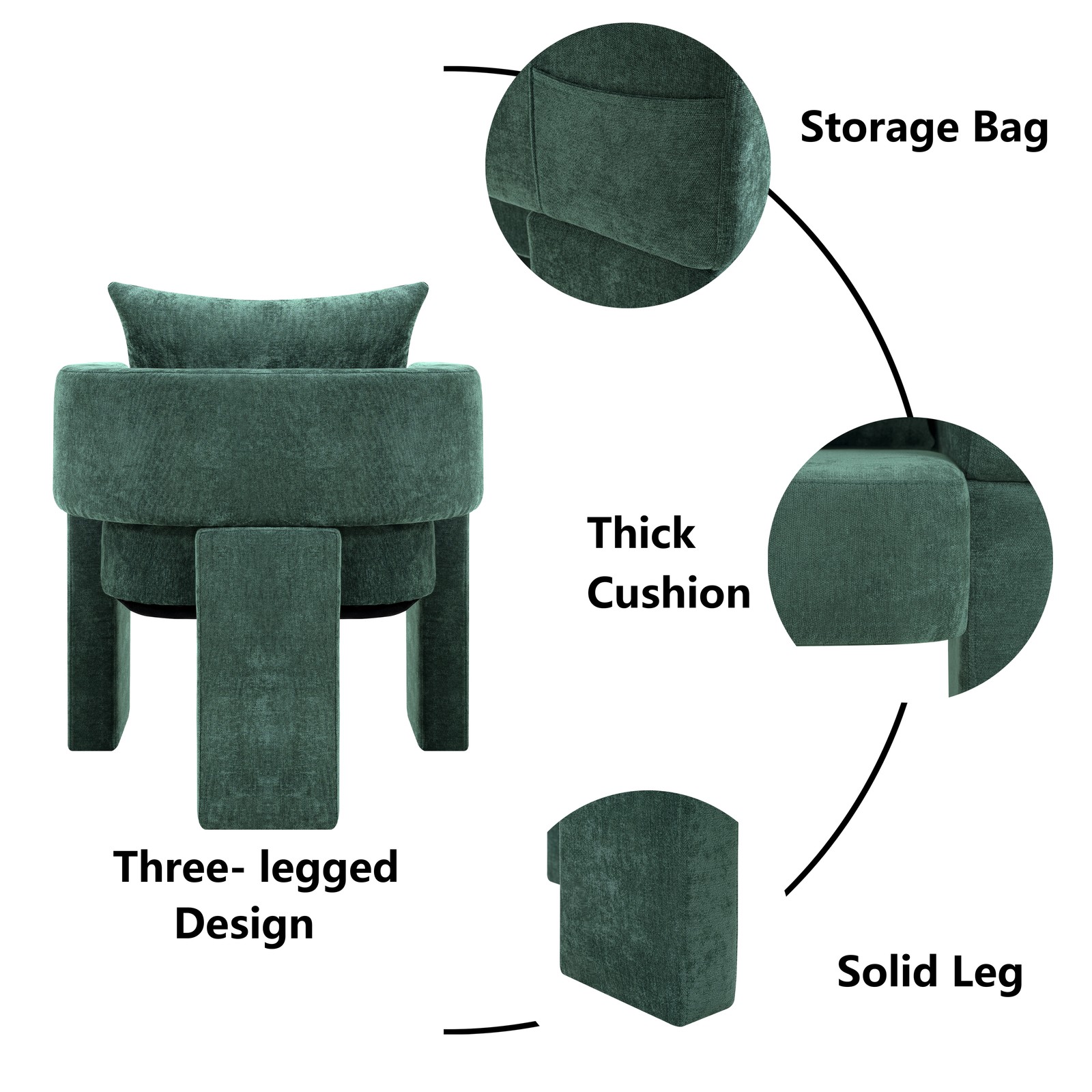 Modern 3-Leg Chenille Dining Chair with Ergonomic Arms & Removable Pillow, Comfy