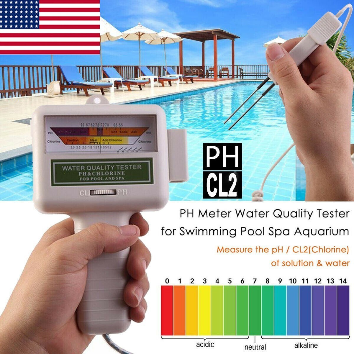 Swimming Pool PH Chlorine Monitor Tester Spa Water Quality Analysis Test Kit USA