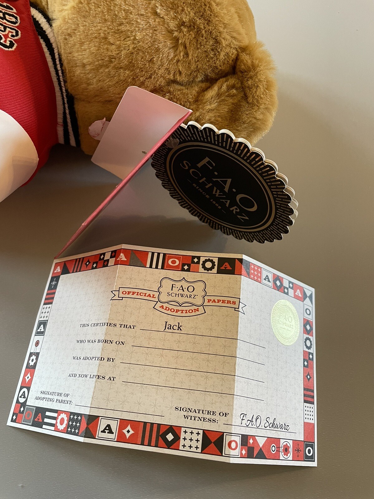 FAO Schwarz Honey Brown Teddy Bear Lettermans Jacket 12" Plush Stuffed Animal