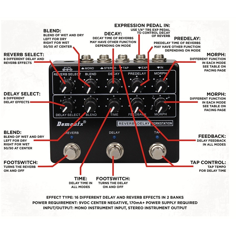 Demonfx RDW Reverb Delay Workstation Guitar Effect Pedal Multi Effects